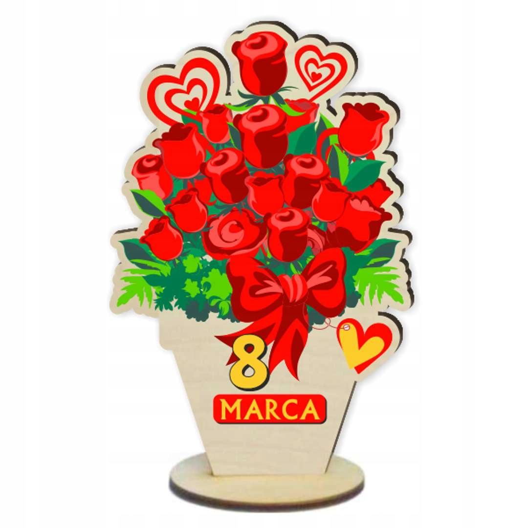 dekoracja drewniana Kwiatek 3D 8 marca Dzień Kobiet nadruk Czerwone Róże