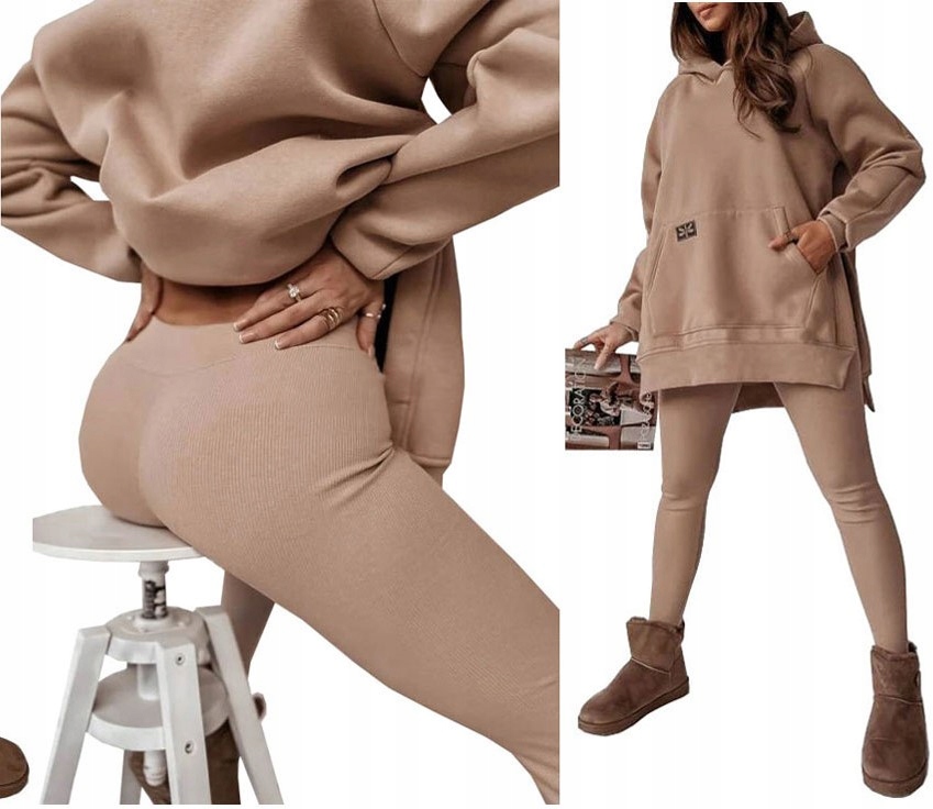 KOMPLET DRESOWY BLUZA KAPTUR LEGGINSY PRĄŻKOWANE L