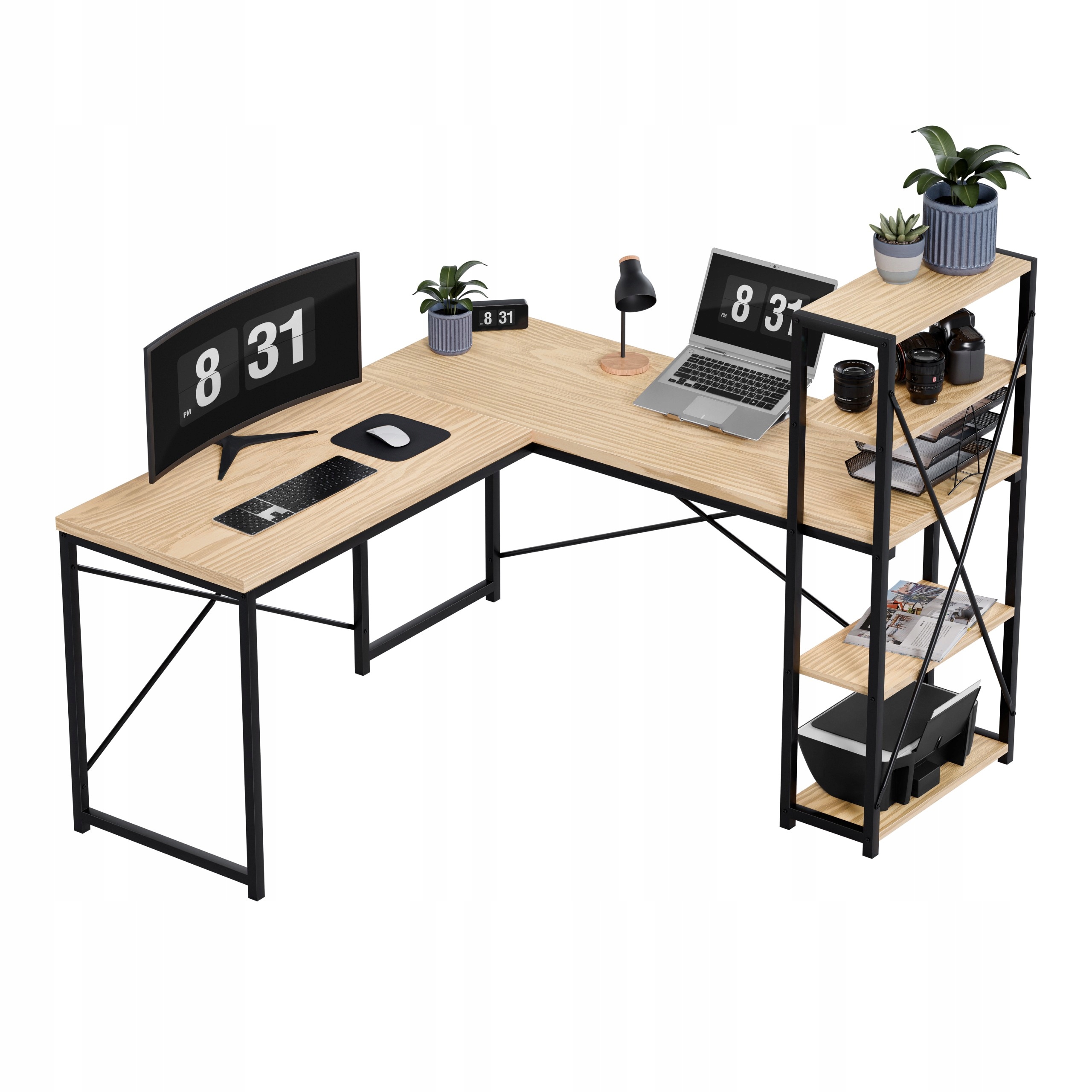 Rohový psací stůl s regálem Mark Adler dub černý počítačový do loftové kanceláře