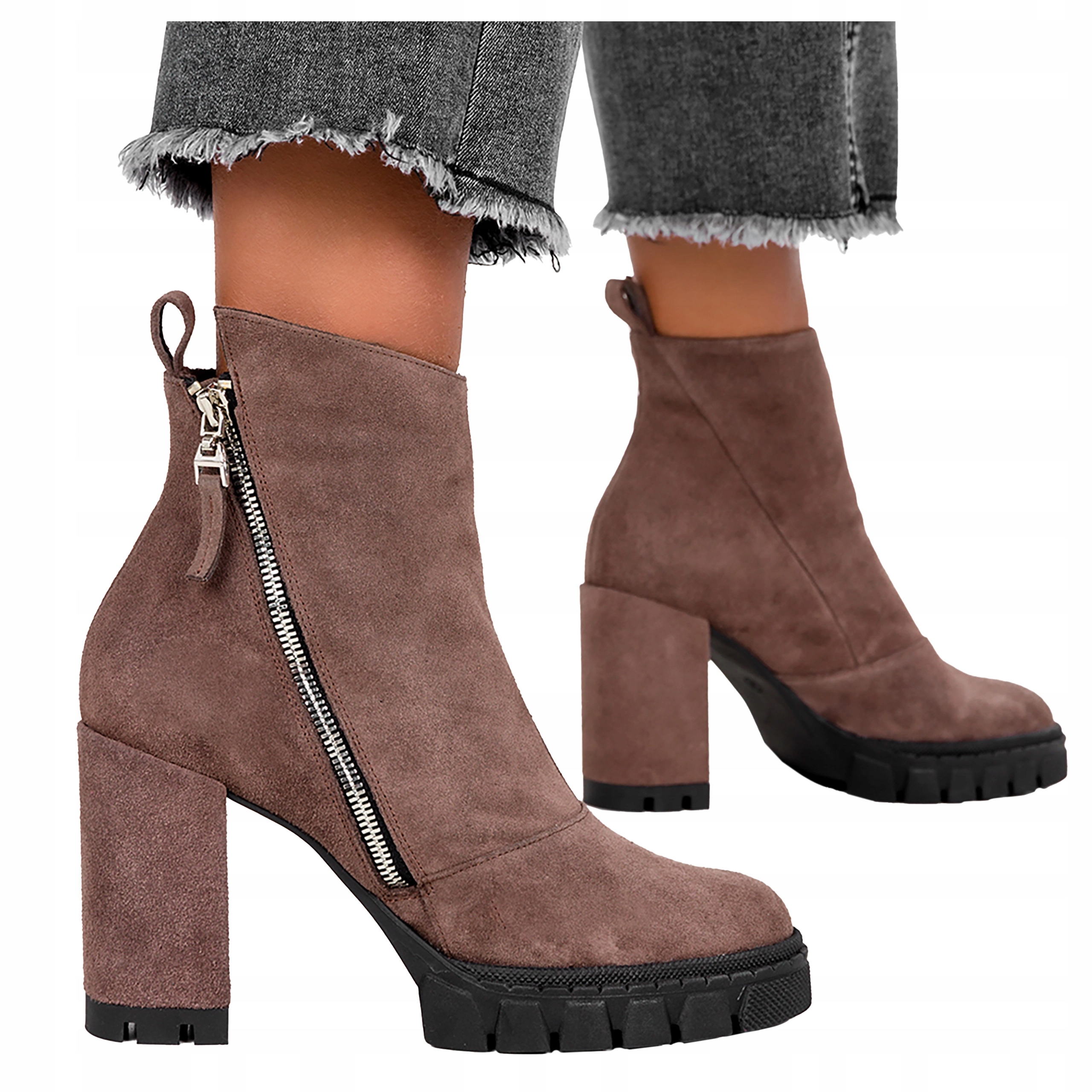 Kožené Kotníkové Boty Hnědé Dámské na podpatku s ozdobným zipem, velikost 39