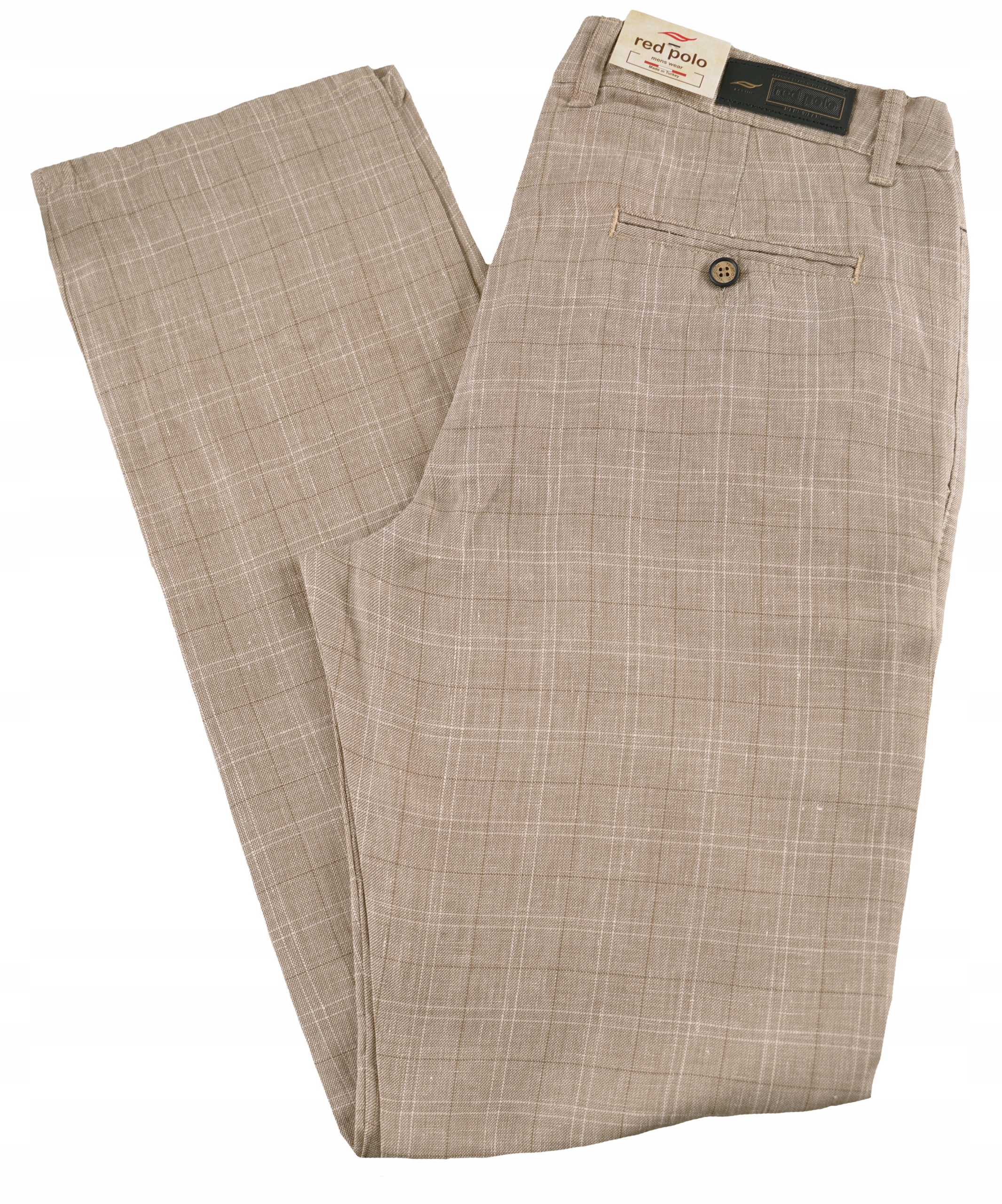 Spodnie Męskie Wizytowe Beżowe W Kratę A'la Lniane Chinosy W33 Pas 84-86 cm
