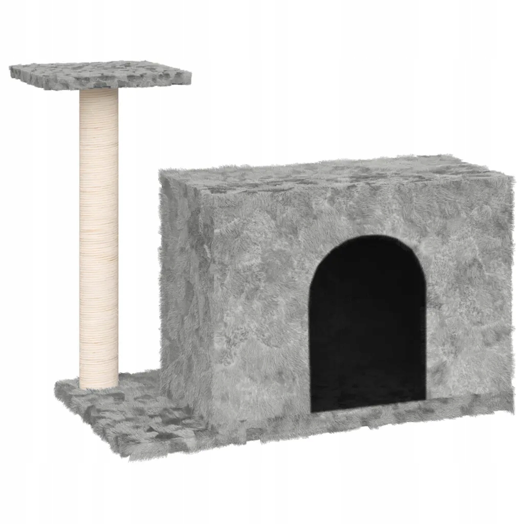 Levně Víceúrovňová škrabací věž pro kočky s domečkem, světle šedá plyšová, 66x40x51