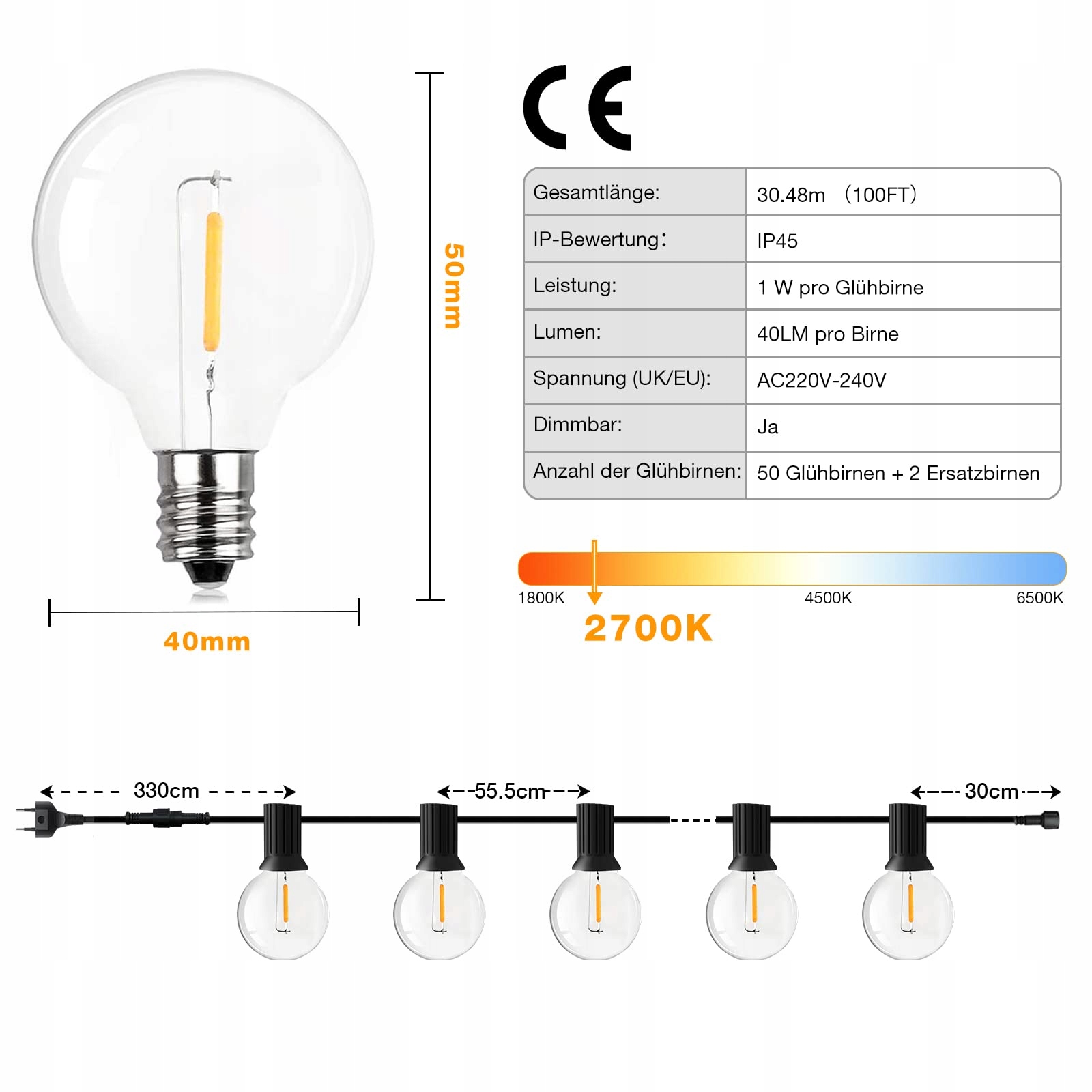GPATIO LAMPKI ŚWIĄTECZNE OŚWIETLENIE ŻARÓWKI LED 30M — miniatura 7