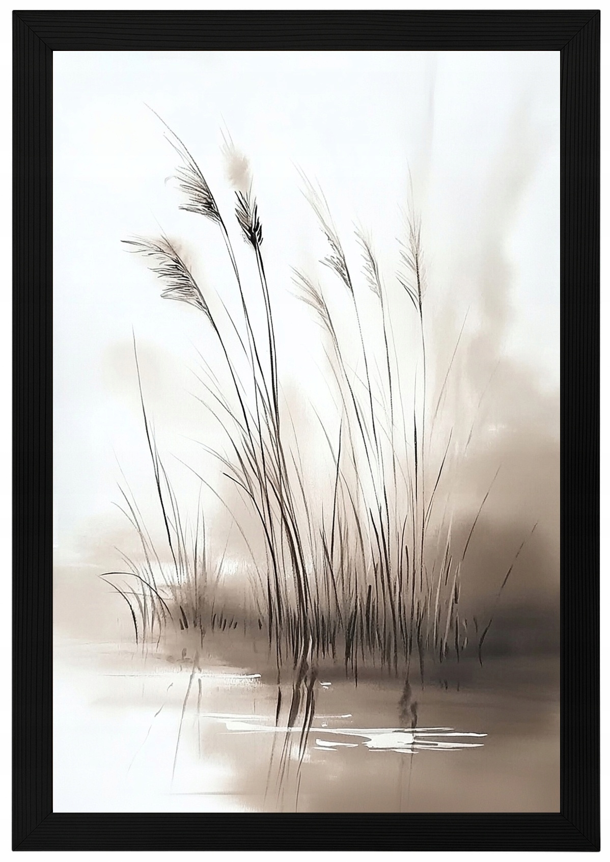 Plakát Rámeček Dřevo Akvarel Jezero Rostliny Tráva Mlha Sépiová 40x60