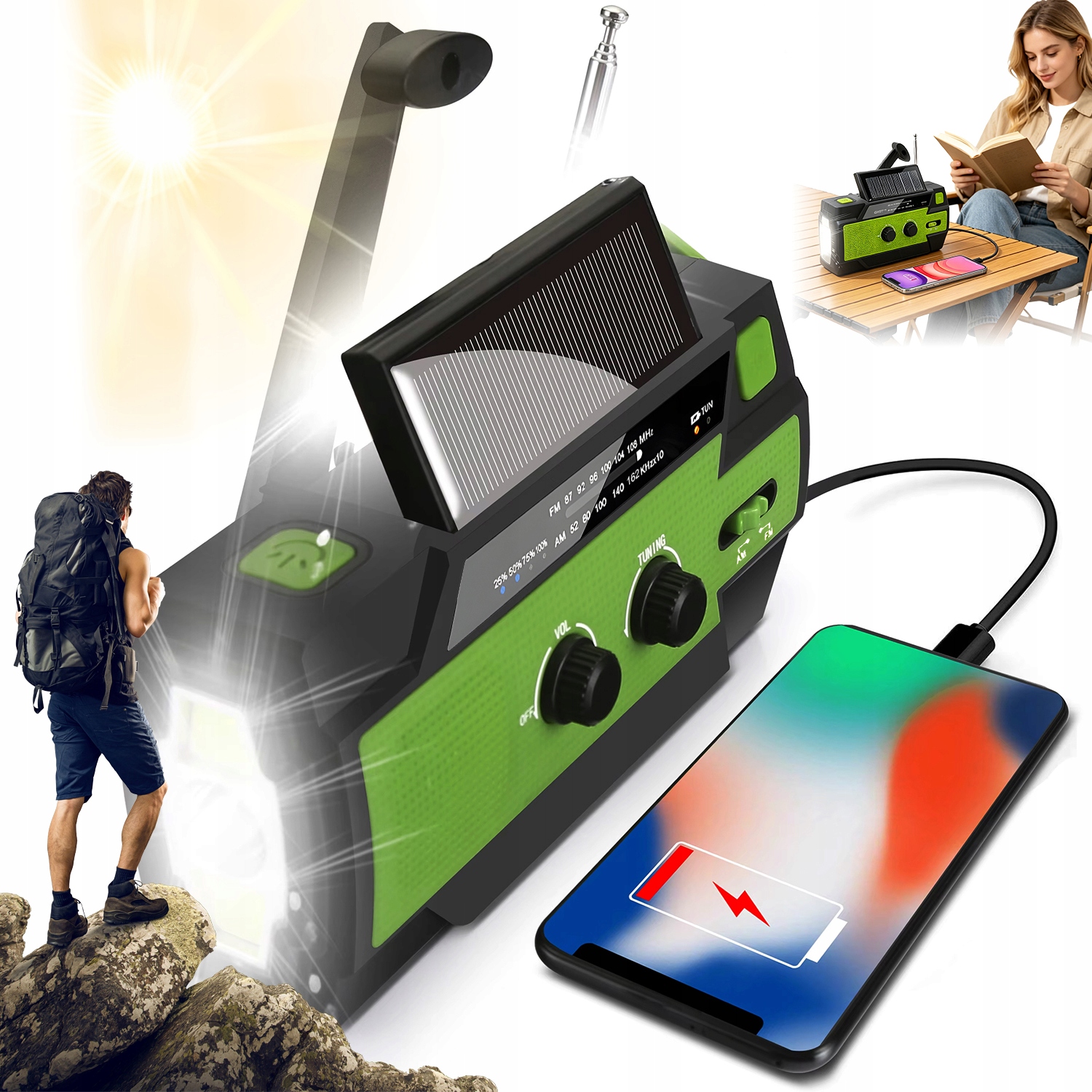 Přenosné Solární Rádio Klika Alarm Dynamo Nouzová Svítilna 4000MAH