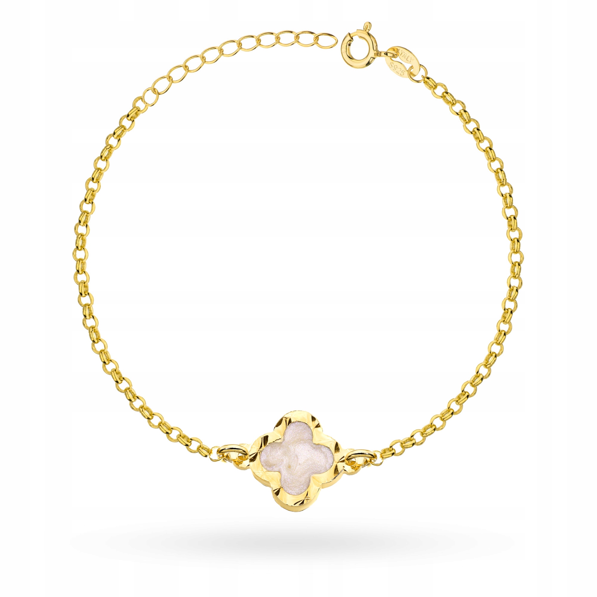 Diamantovaný Stříbrný Náramek ryzost 925 Čtyřlístek s bílou perleťovou hmotou