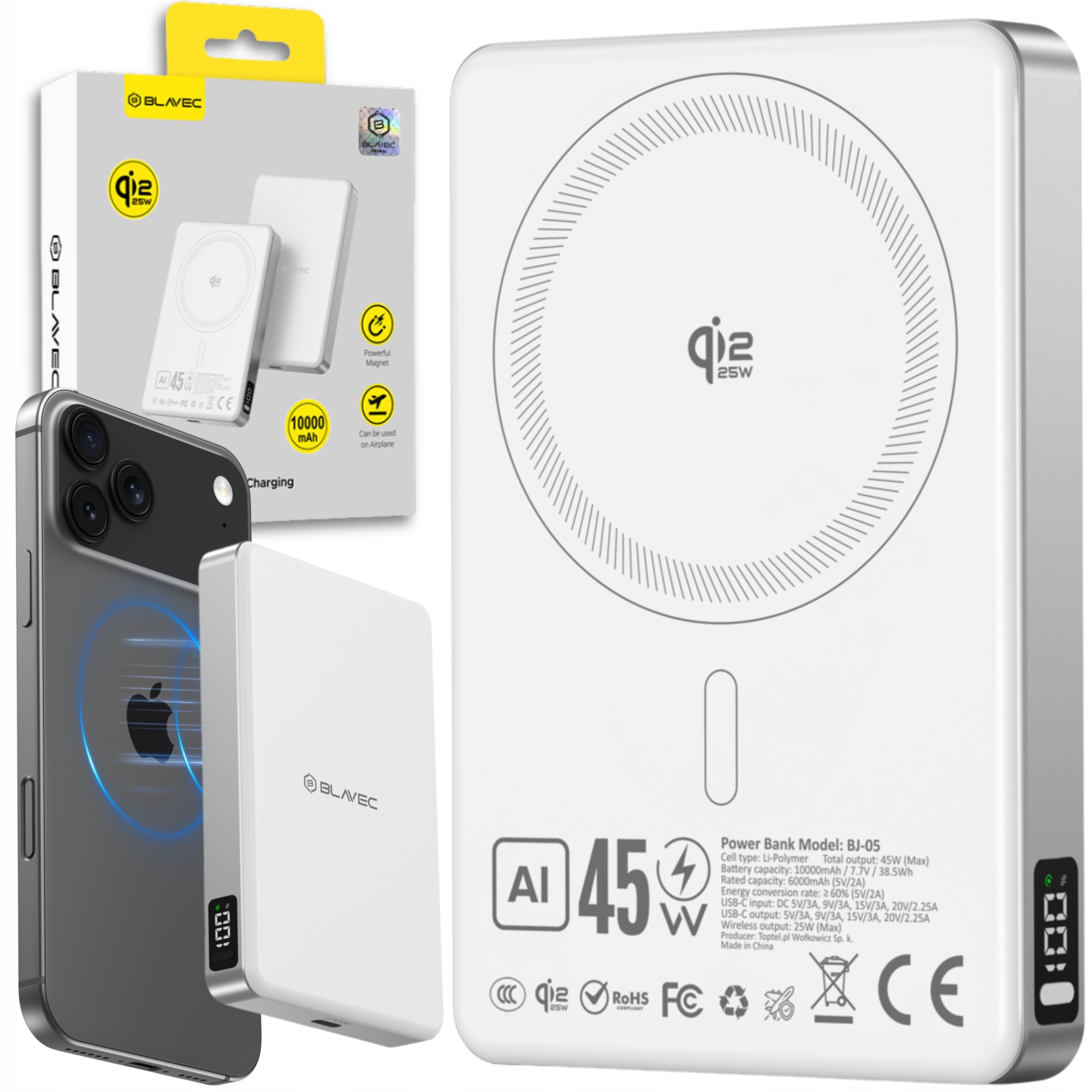Szybki Powerbank Blavec 10000mAh Qi2.2 25W Pd 45W do MagSafe 2w1 biały