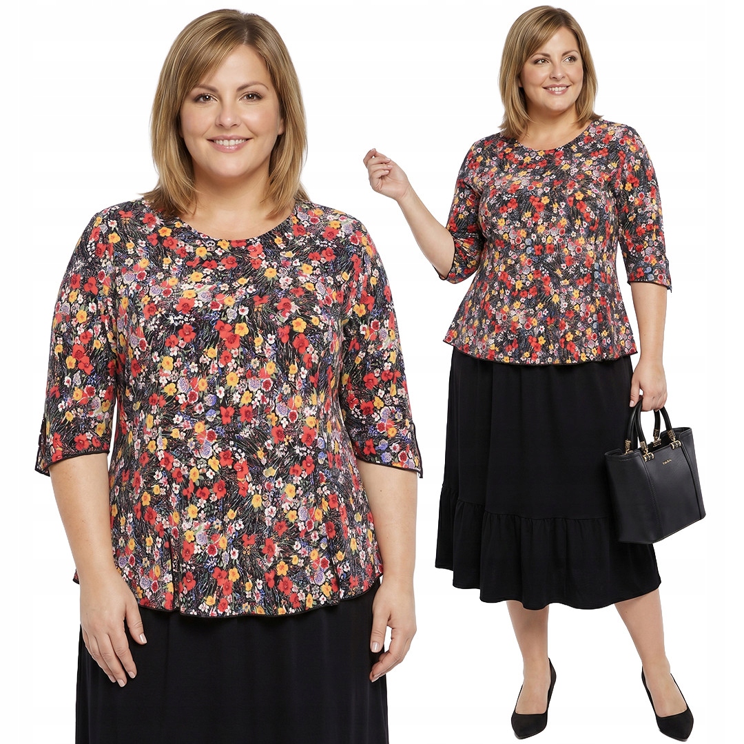 Černá halenka s barevnými květy plus size velikost 48/50