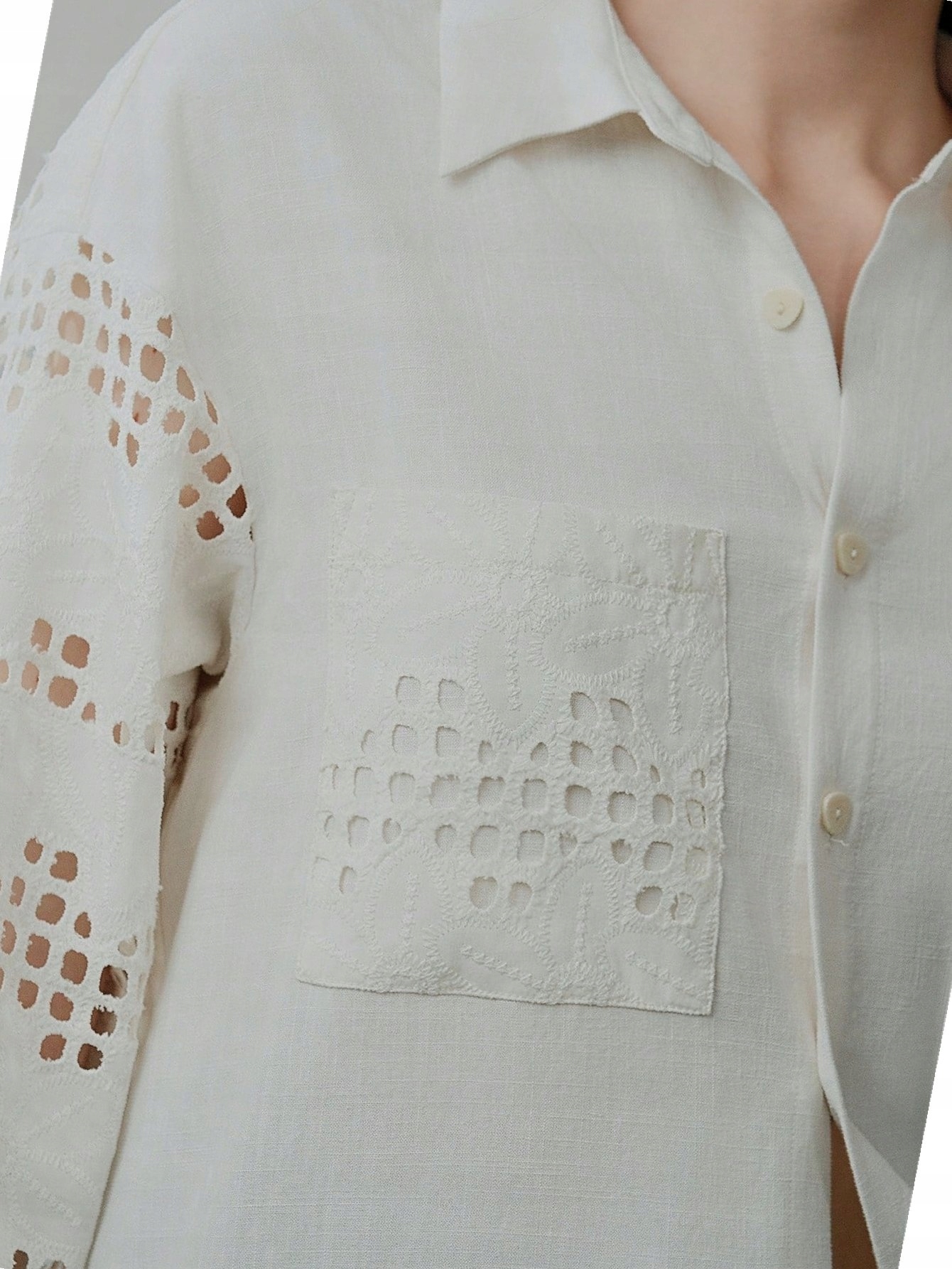 Dámská stylová košile Premium Ažurová Motf Lněná Krémová Volná S 36