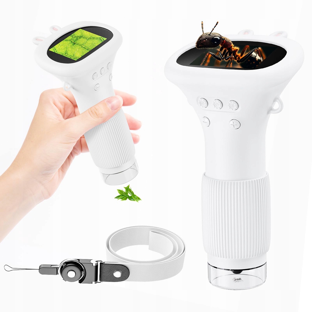 Kišeninis skaitmeninis mikroskopas vaikams, 1000x, 2″ ekranas, 8 LED, 600 mAh, baltas, 1920 × 1080 – prietaiso detalės ir valdymas
