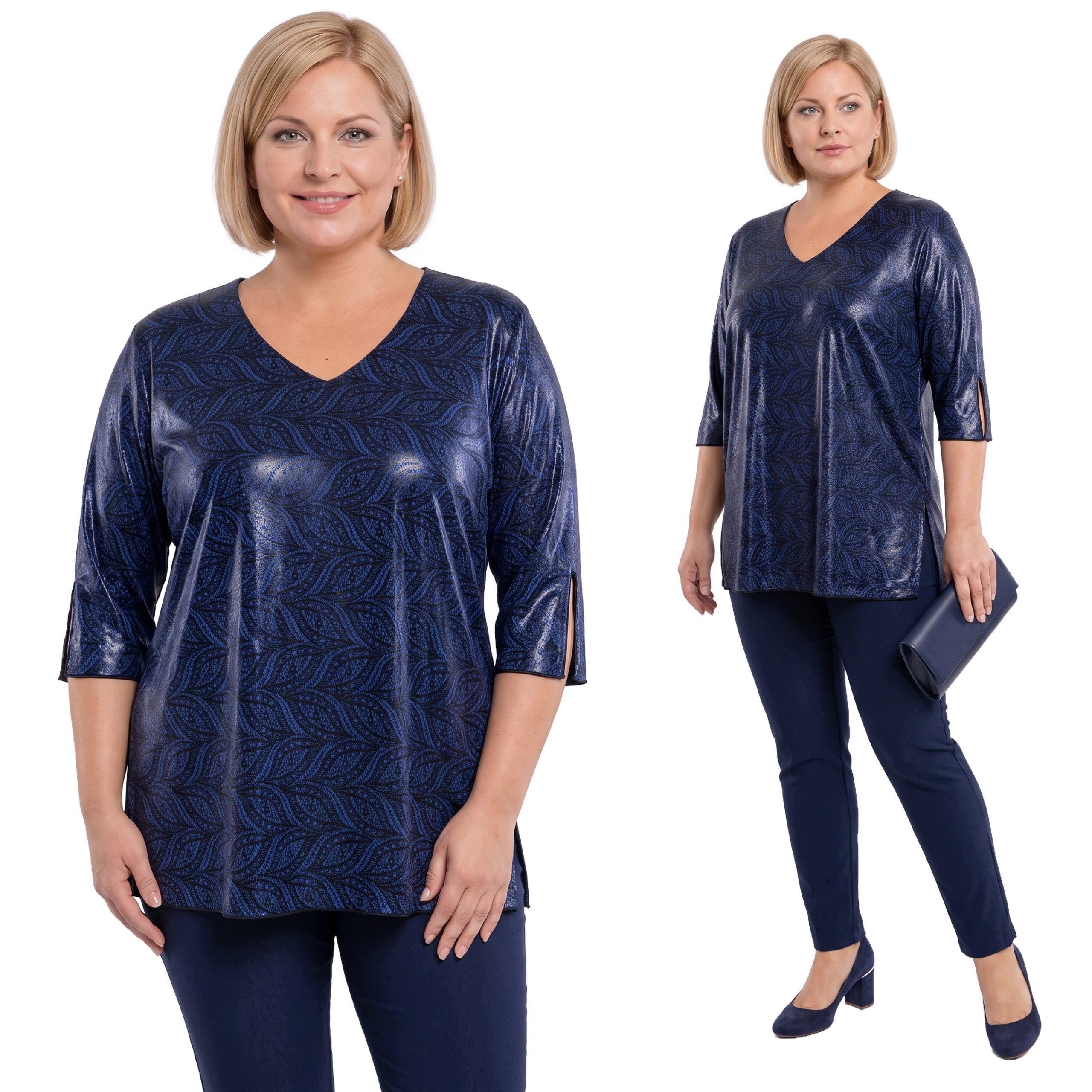 Chabrová halenka s výstřihem do V, černými vzory a třpytkami, velikost plus size velikost 52/54