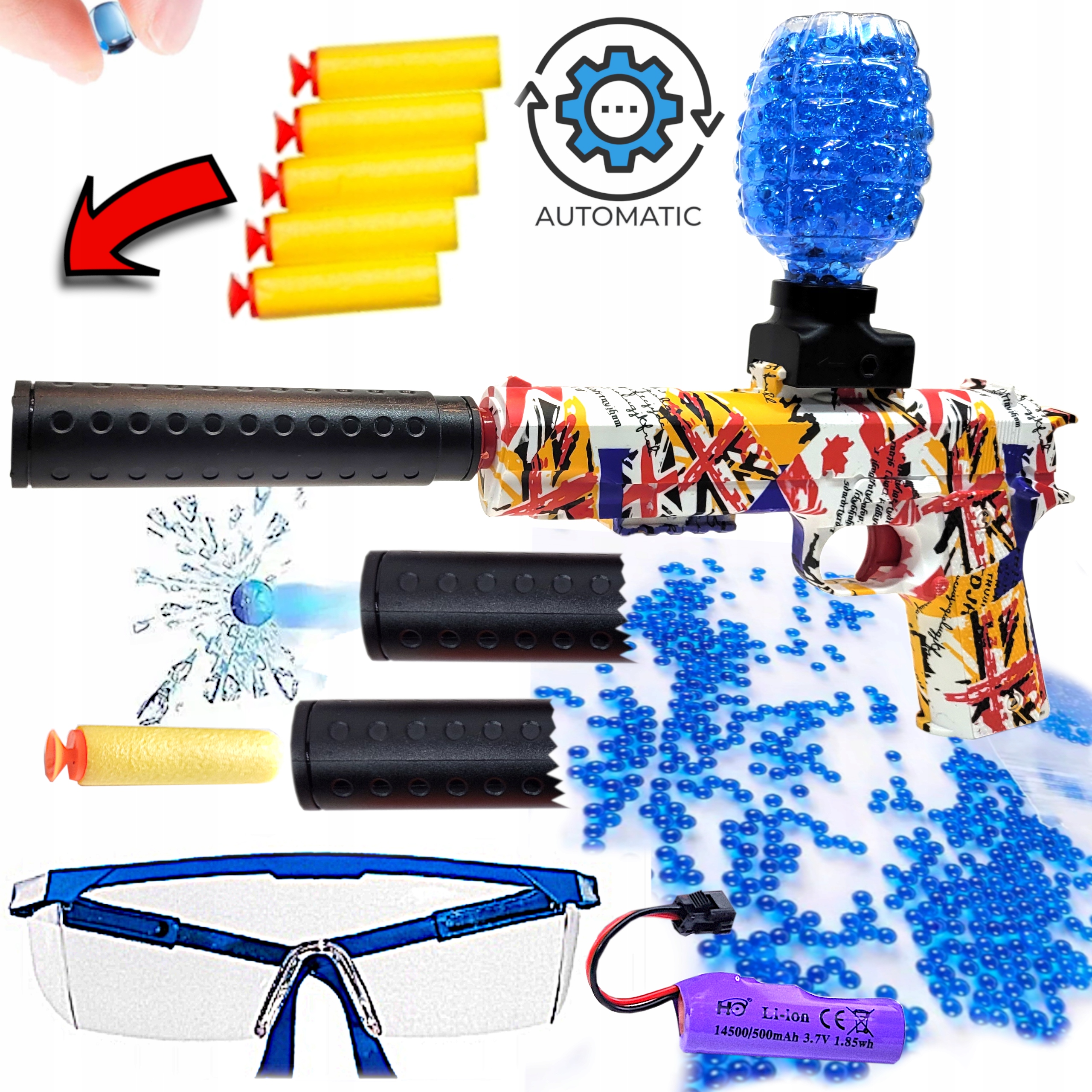 PISTOLET KULKI ŻELOWE WODNE AUTOMAT ORBEEZ BEZPIECZNY +TŁUMIK+ 5 STRZAŁKI