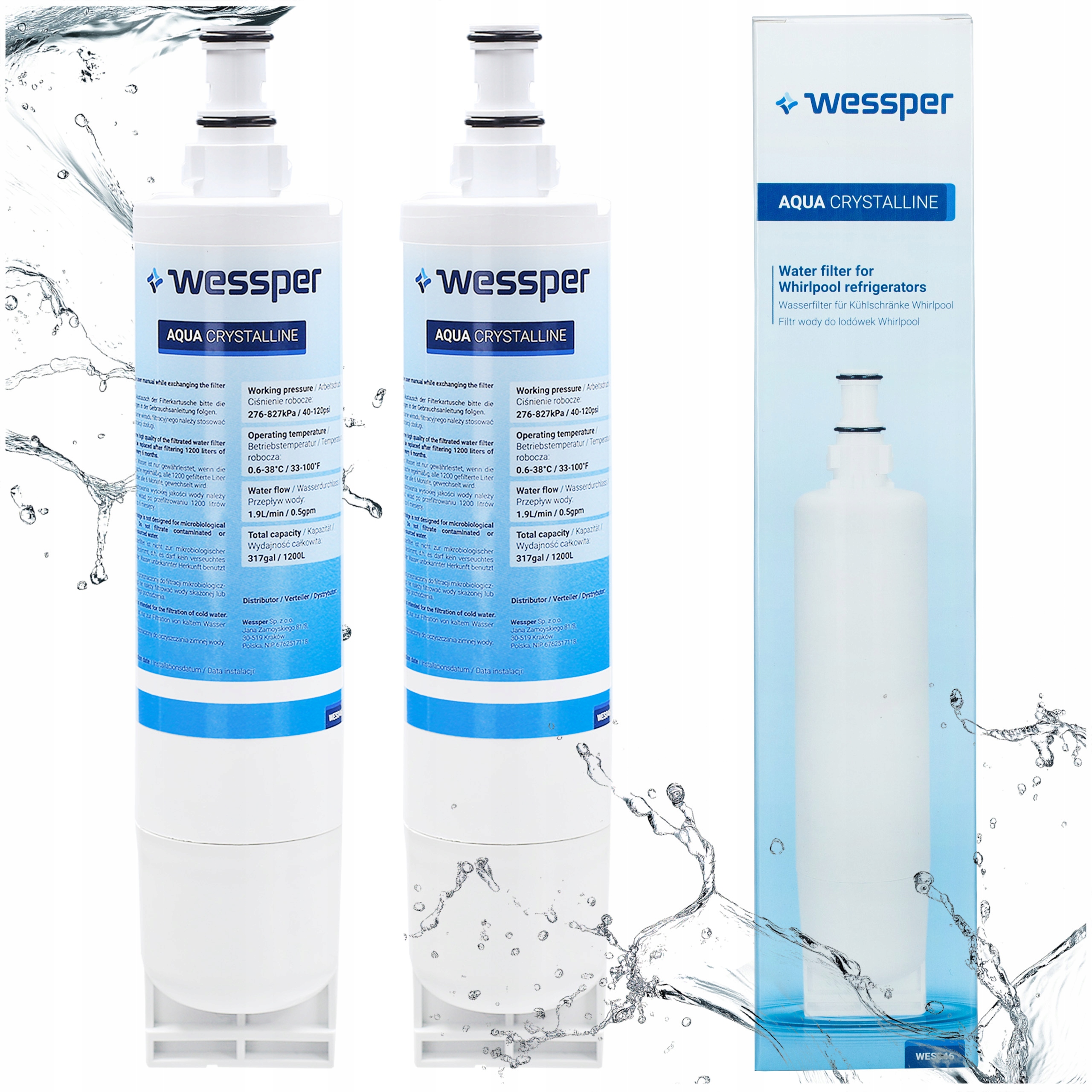 2x Filtr Wody Wessper do lodówki Side By Side Whirlpool zamiennik SBS002