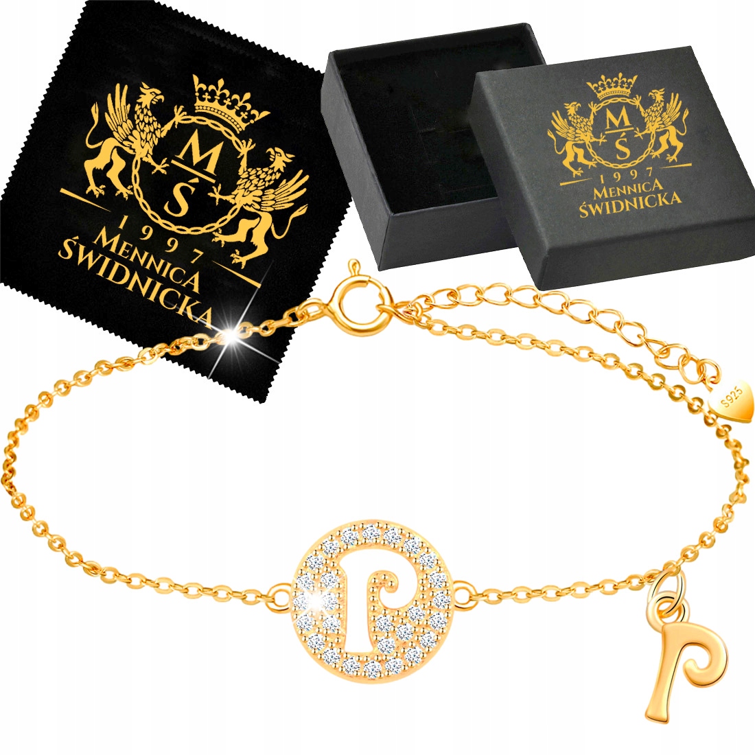 Zlatý náramek Stříbro 925 Dámský jako Dárek pro maminku Krásné písmenko P