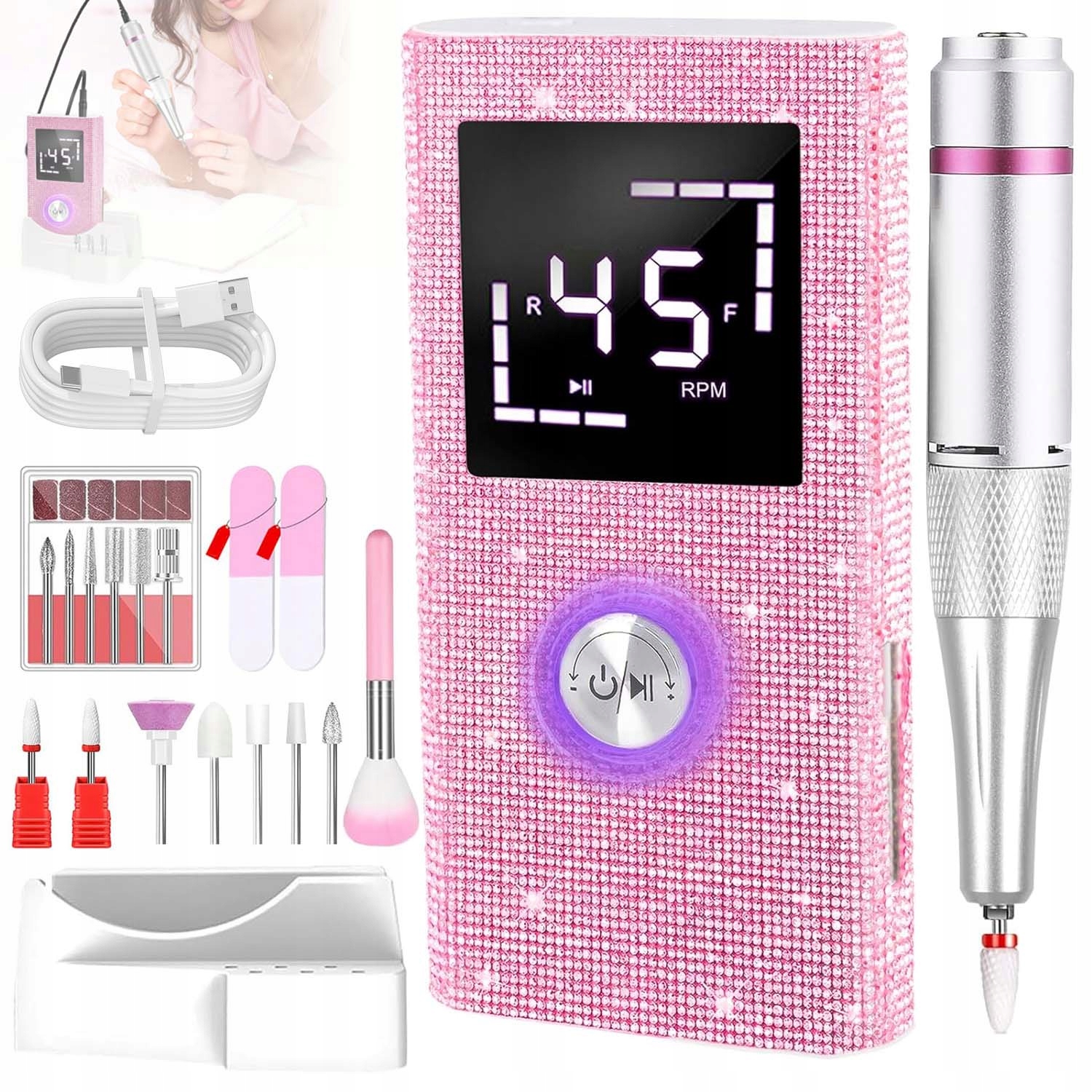 Bruska Na Nehty Bezdrátová 50W 45000RPM S Led Displejem, Základna, Sada