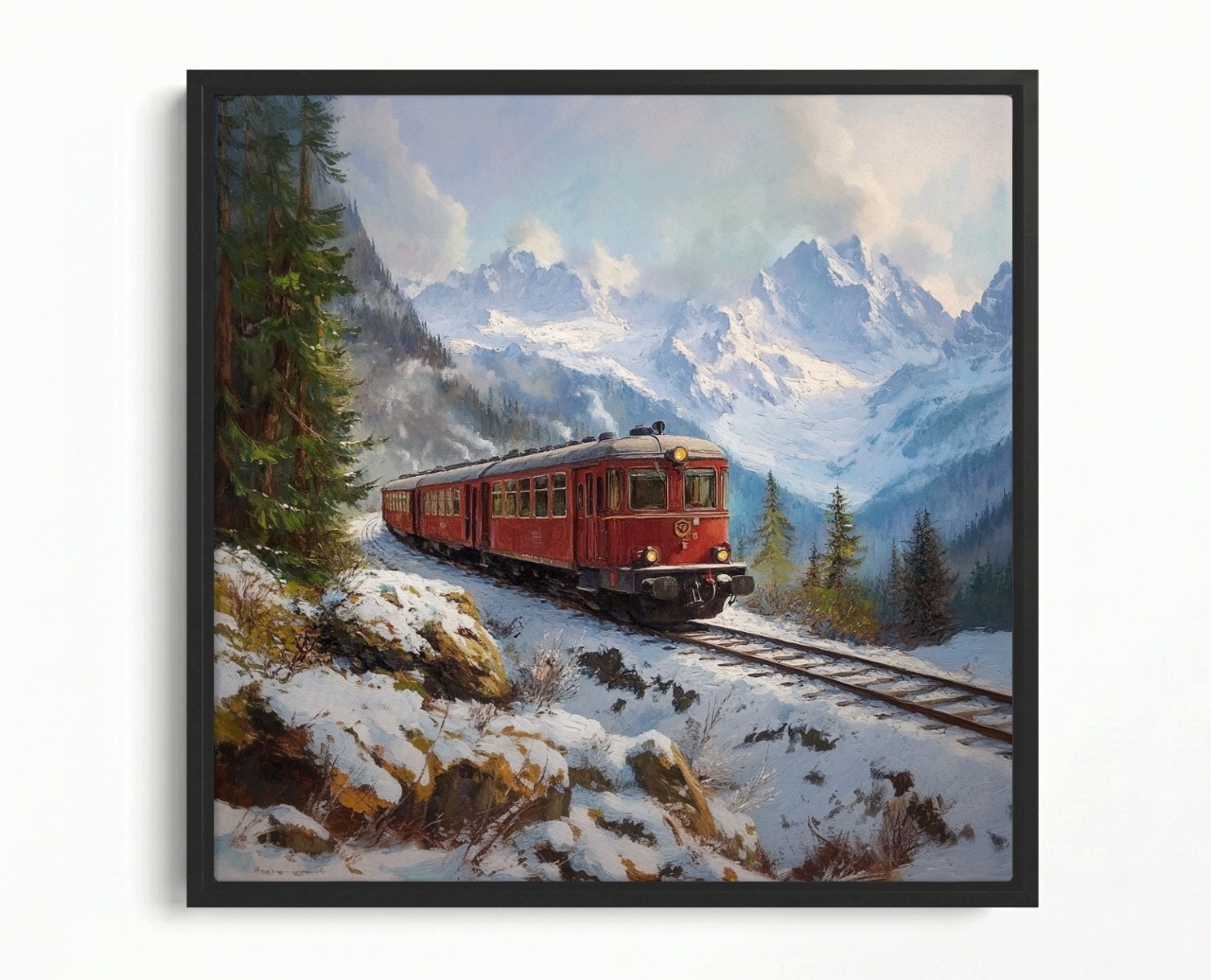 Obraz Rám Americký Box Hory Alpy Vlak Železnice Retro Vintage Zima 60x60