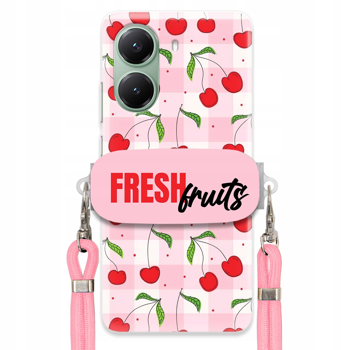 Puzdro pre Xiaomi Turbo 4 5G Case Držiak na šnúrku Ružový Fresh Fruits Mriežka