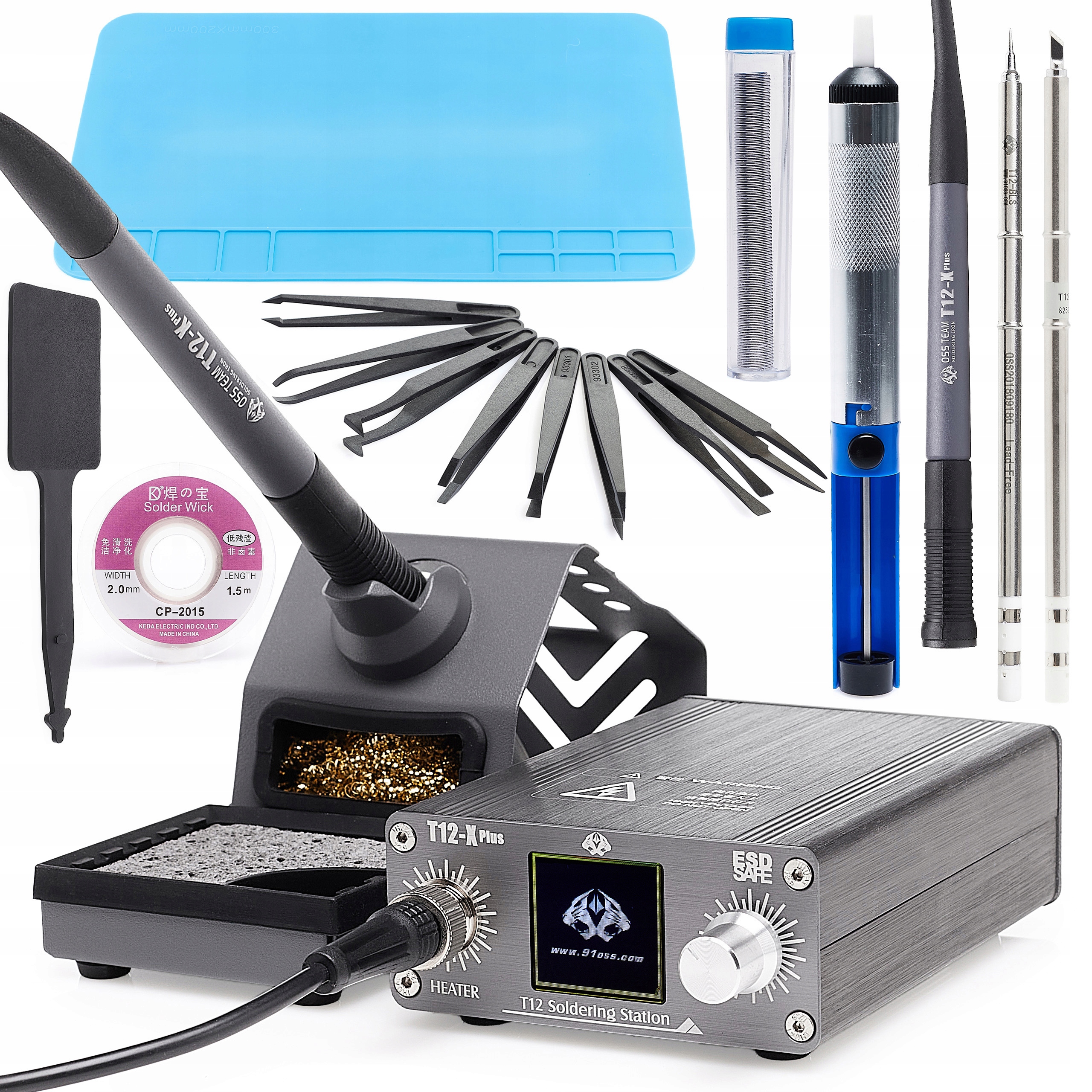 Přesná Pájecí Stanice Oss T12-X Plus Páječka 2 Hroty 8 Pinzet Podložka