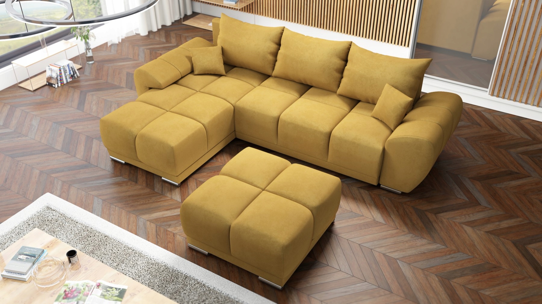 Hořčicový Rohová Sedací Souprava Rozkládací Rohová Sedačka Funkce Spaní Honey L Velká Taburet