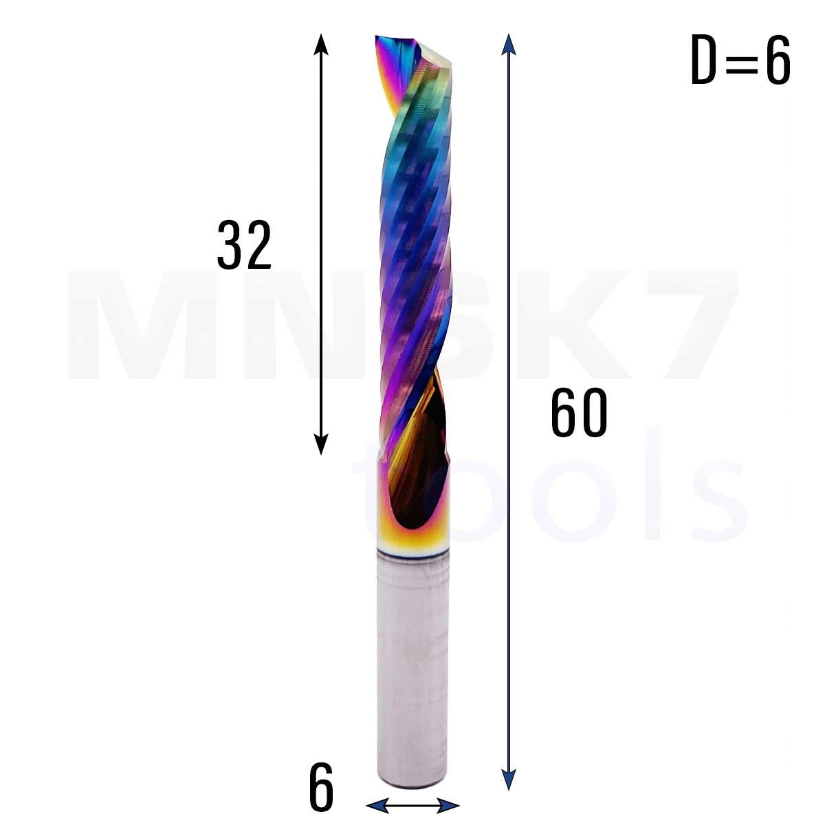 Frez jednopiórowy do aluminium 1P fi 6 x 32 x 60 Cnc Vhm Hrc 55 DLC