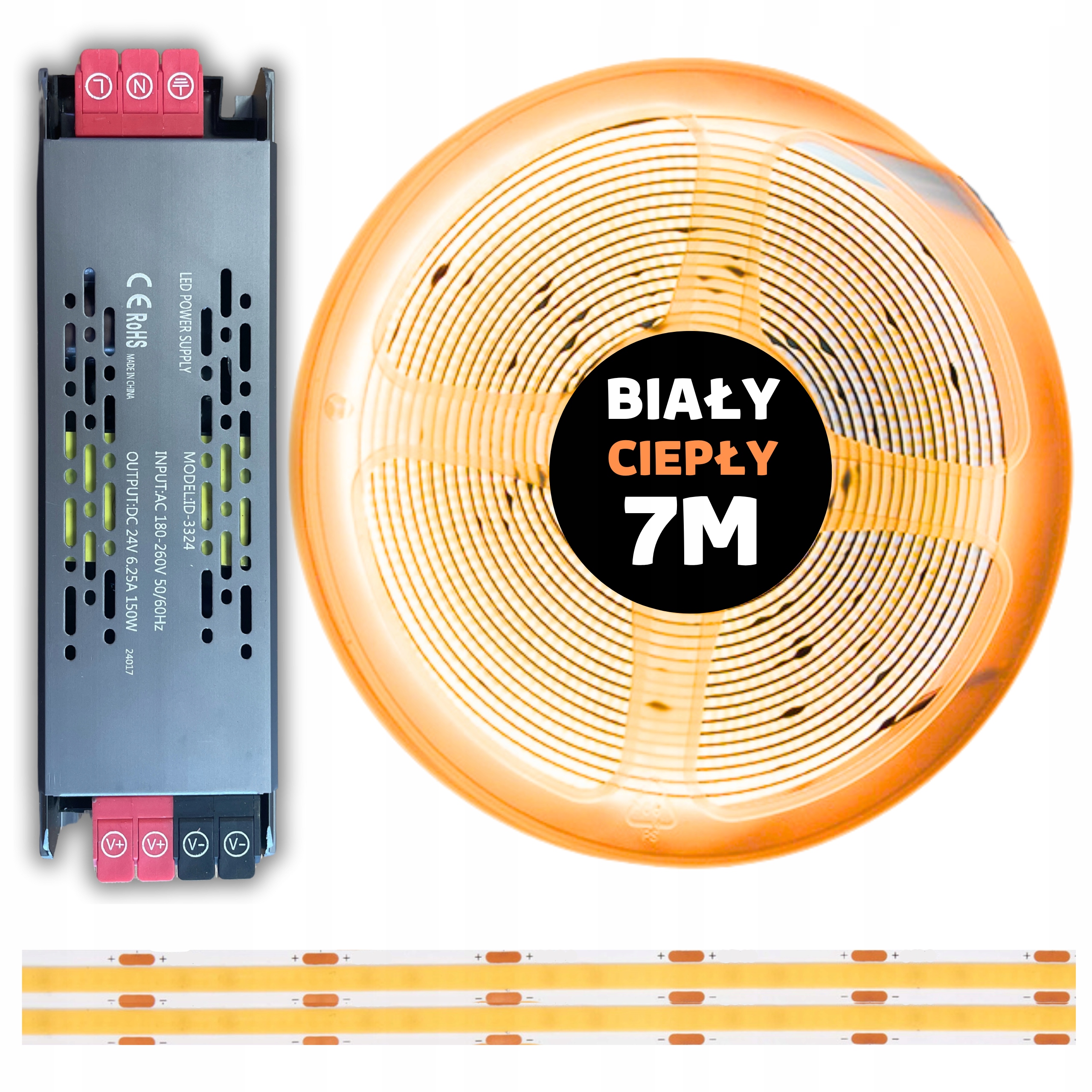 Set 7M Led pásek Cob 480 diod 3000K bílý teplý 24V 10W s napájecím zdrojem