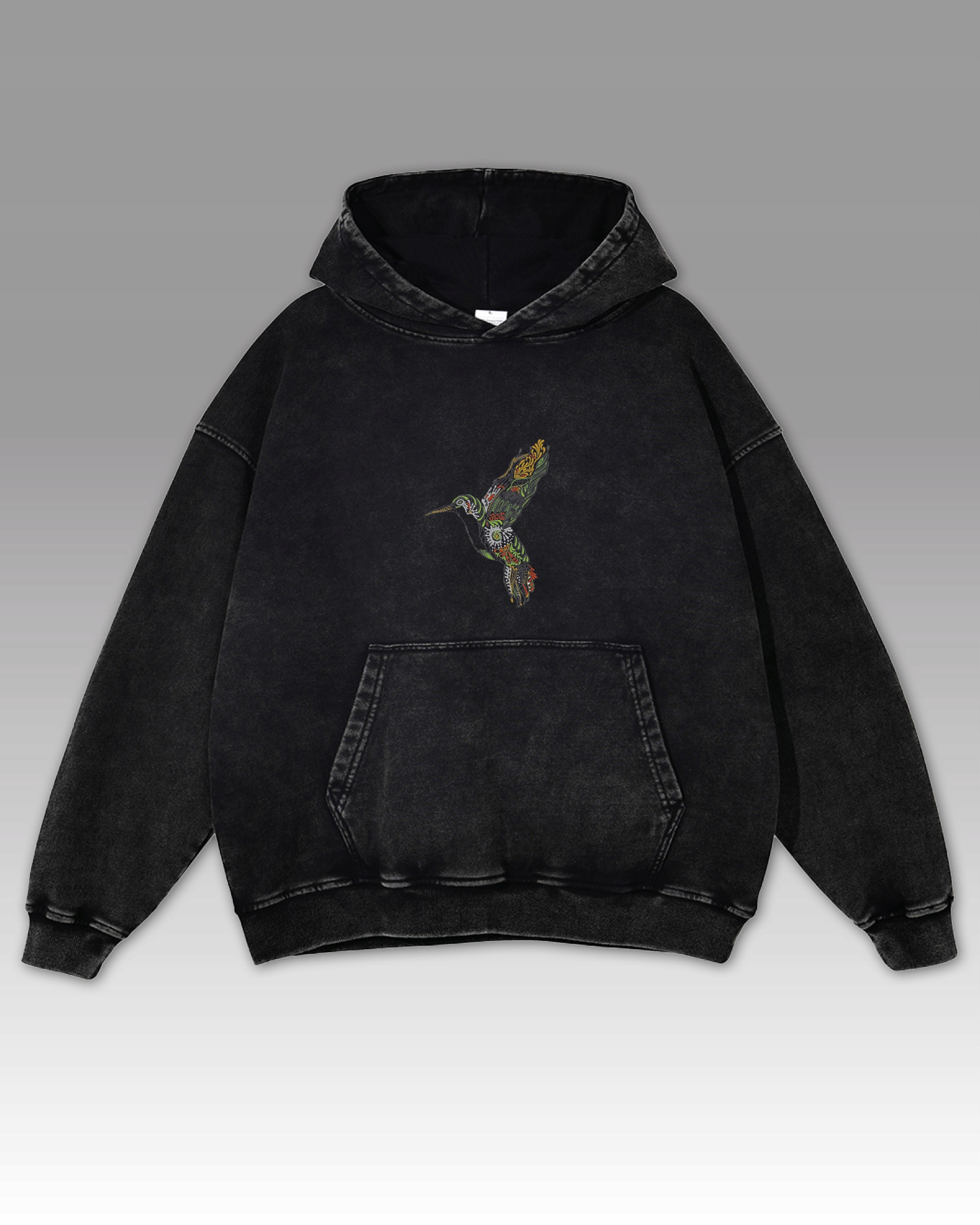 Mikina s kolibříkem Oversize výšivka Spraná Barevný pták Černá L