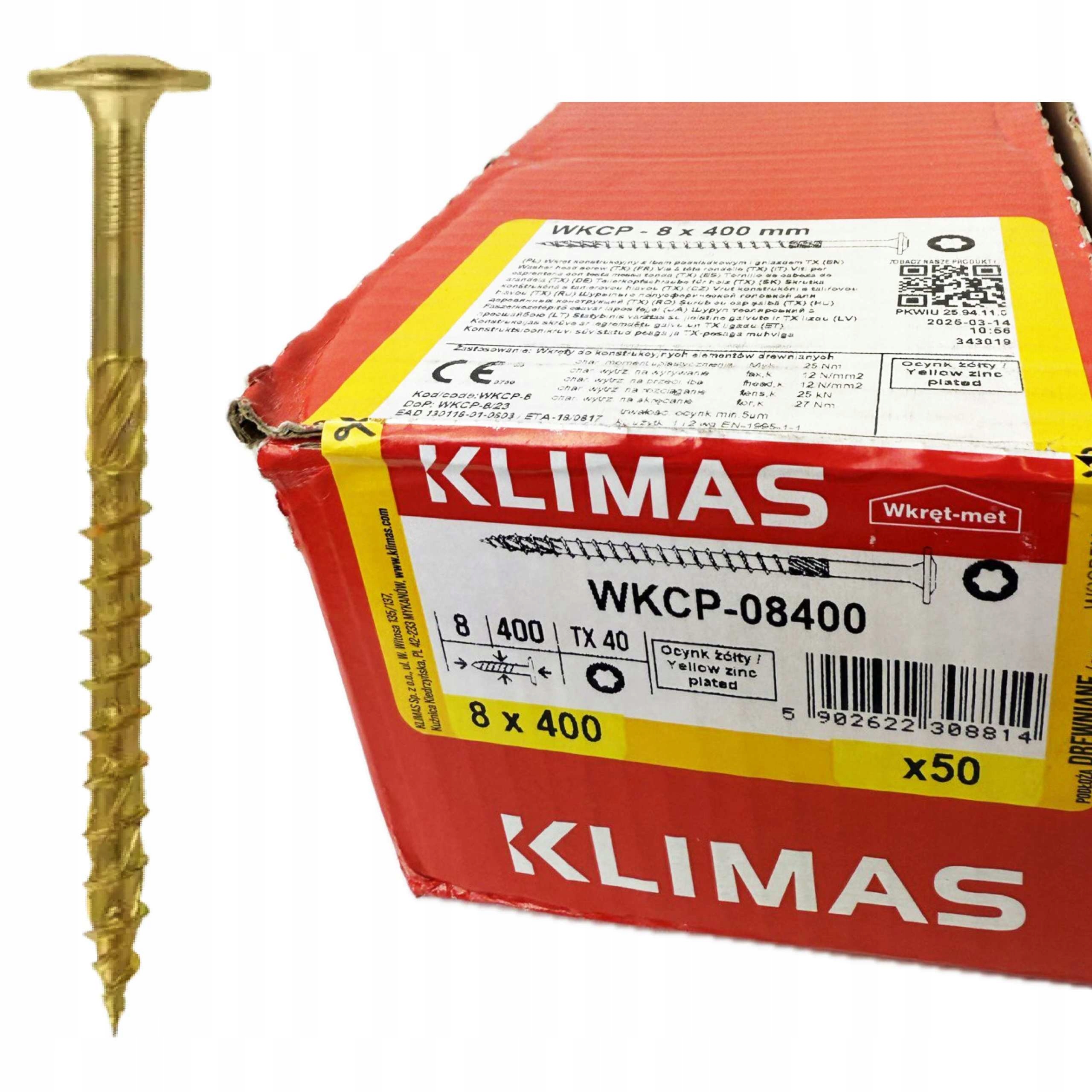 Vruty do dřeva 8x400 mm tesařské Wkcp talířová hlava, torx, op.50 Ks