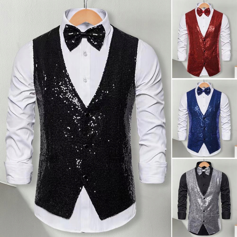 Slim Fit Formal Sequin Vest Men Stage Performance Marka bez marki