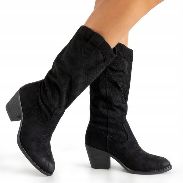 

D7637 Black Czarne Ażurowe Kozaki Eko-zamsz 37