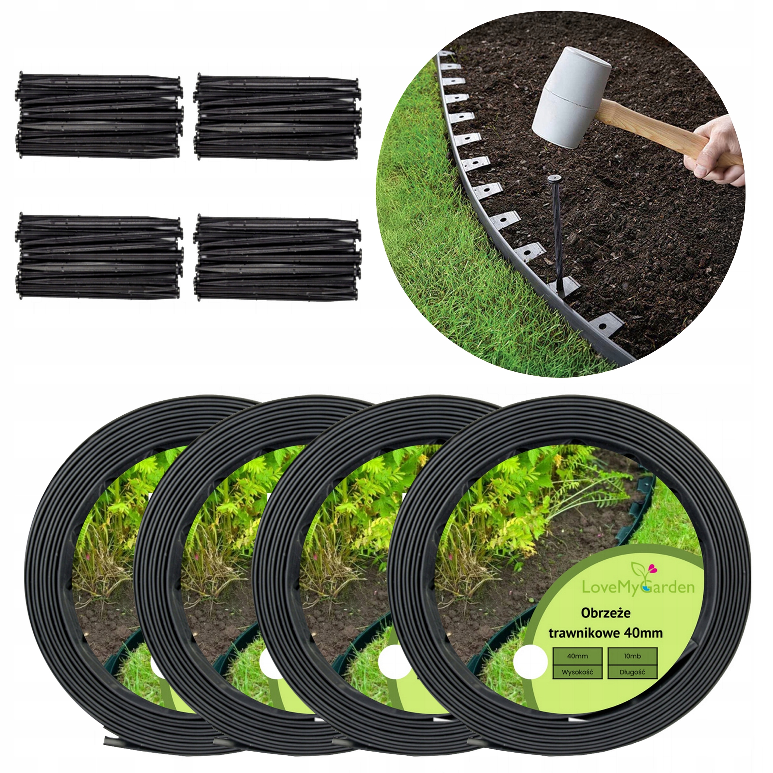 Trávníkový lem Černý 40 metrů 80 kotvících kolíků výška 4 cm Silný Lmg 40 mm