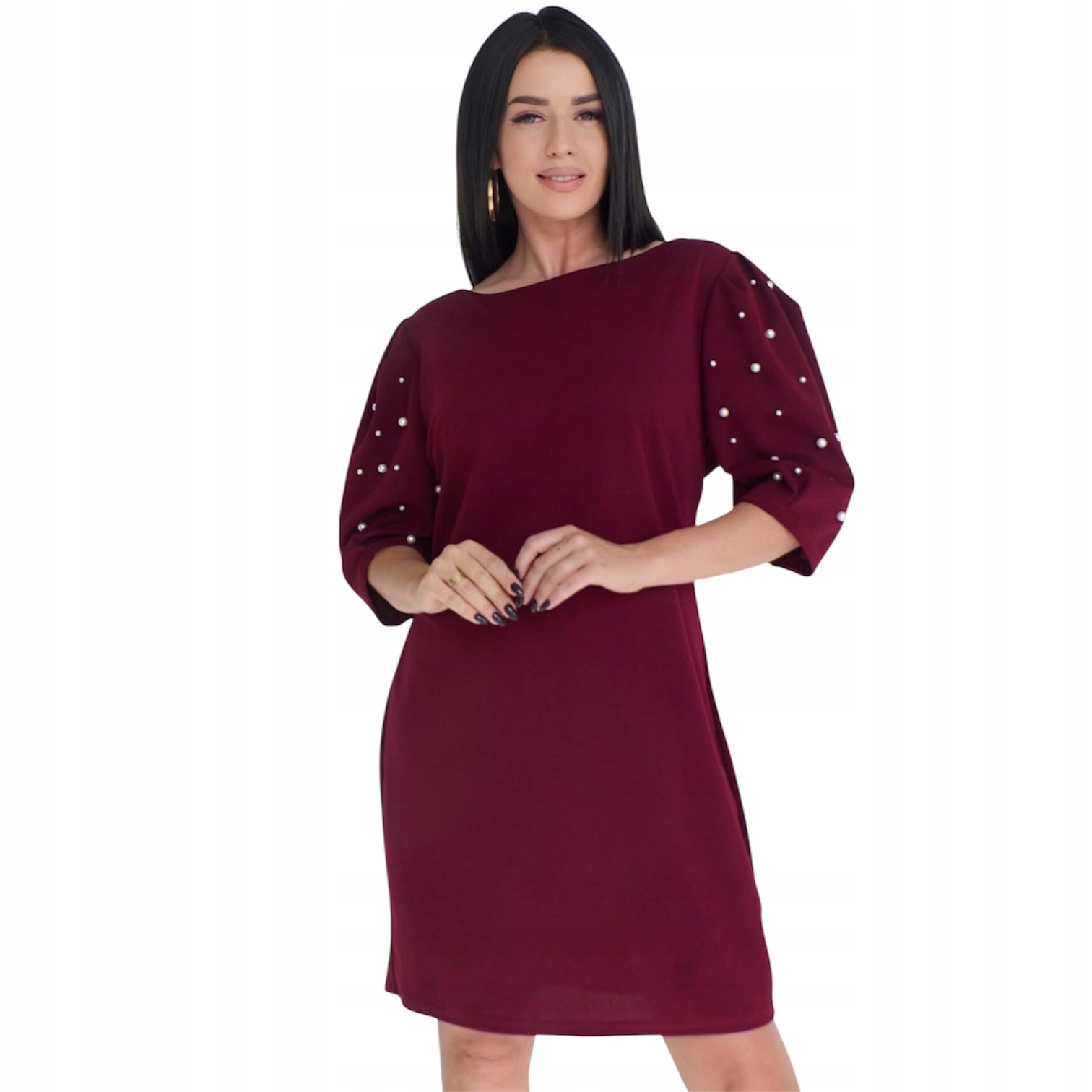 Jednoduché šaty s bufetovými rukávy, plus size, bordó, velikost XL/2XL