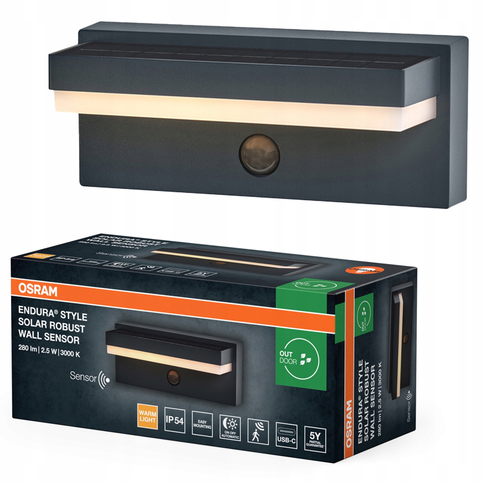 Záhradné nástenné svietidlo Led Snímač pohybu súmraku 2.5 W 3000K IP54 Endura