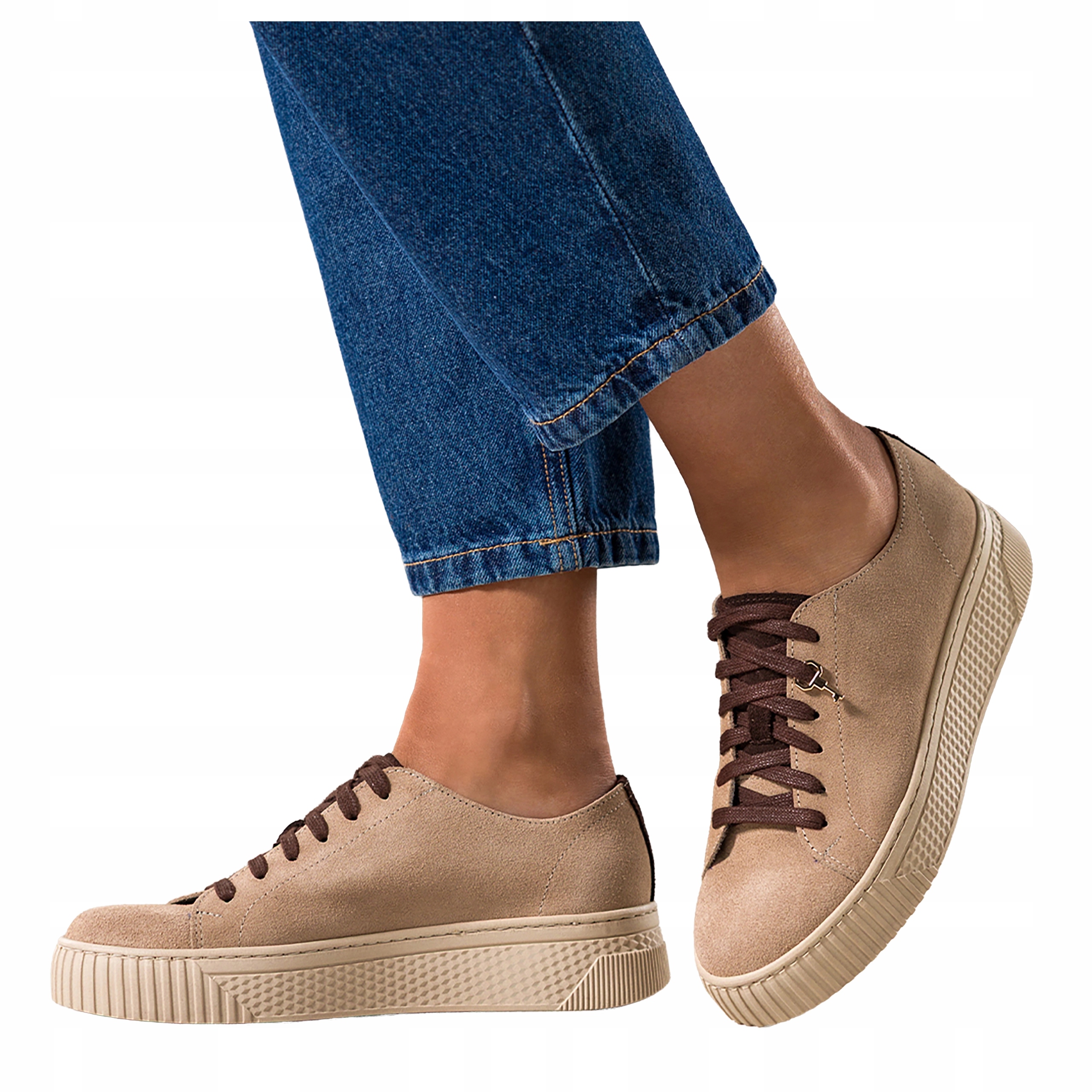 Béžové dámské kožené tenisky na platformě, semišové, šněrovací, velikost 36