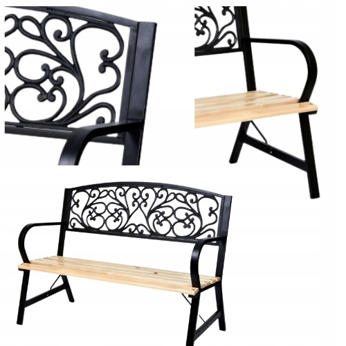 ŁAWKA OGRODOWA METALOWA Z ORNAMENTEM R0ŚLINNYM LAKIEROWANE DREWNO