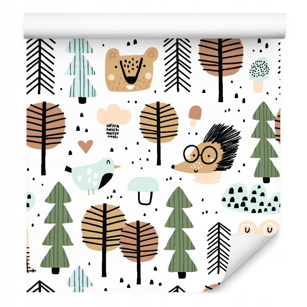 Tapeta listy stromy ježci medvídci, do chlapeckého pokoje