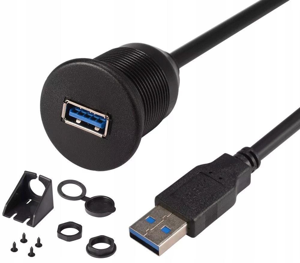 Przedłużacz 2 m USB 3.0 3A gwint panel gniazdo QC 3.0 samochodowy do radia