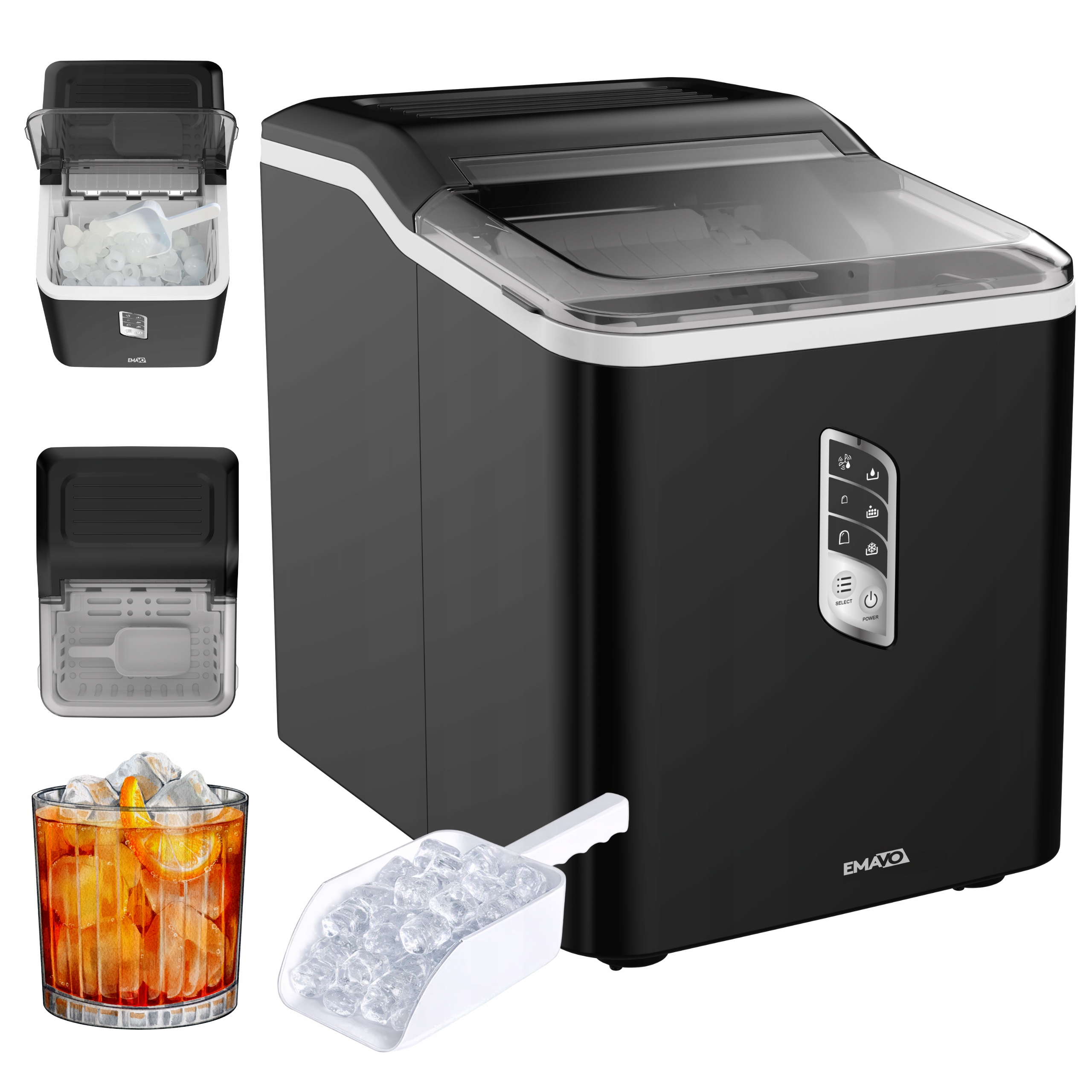 Kostkarka Do Lodu Emavo IceFlow 1,5L 12kg/24h Czarna Wydajna Szybka Cicha