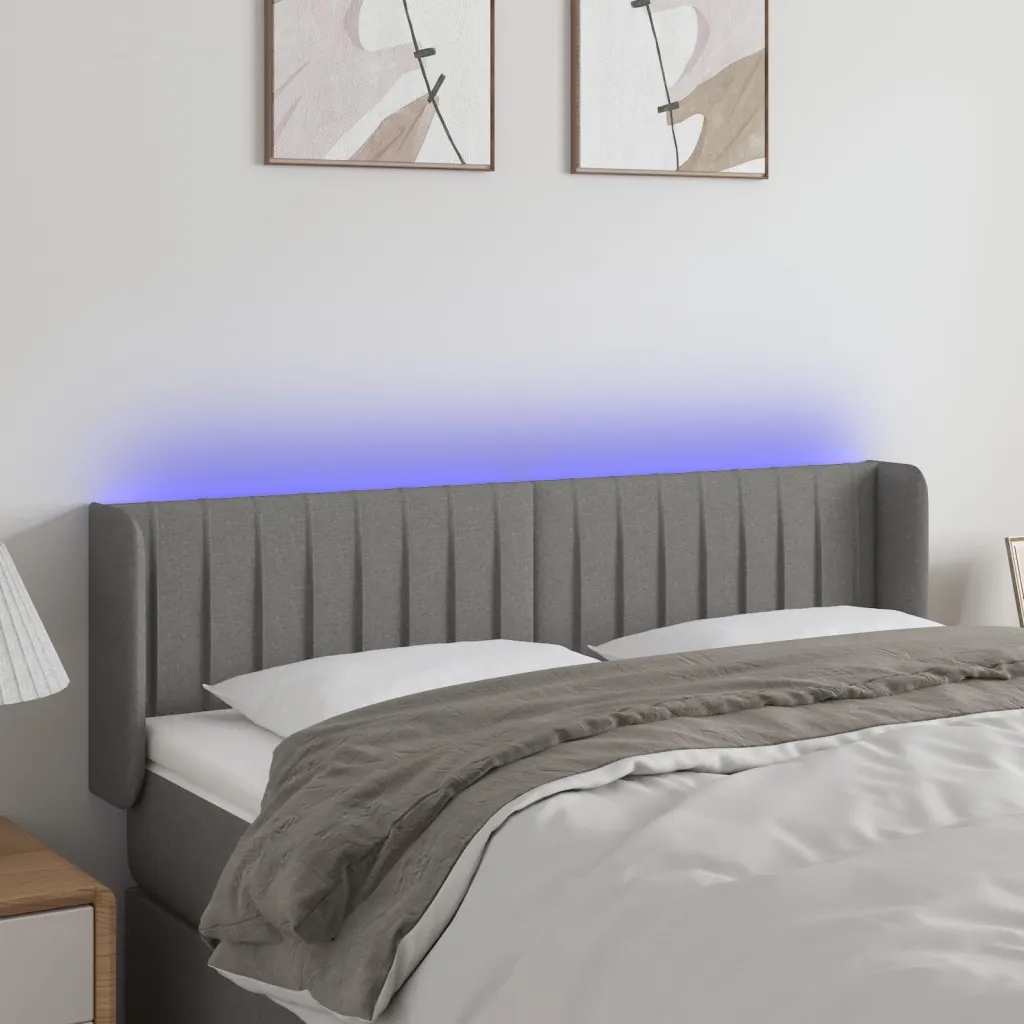 Čelo postele s Led tmavě šedé 147 x 16 x 78/88 cm textil Šedá 3123473