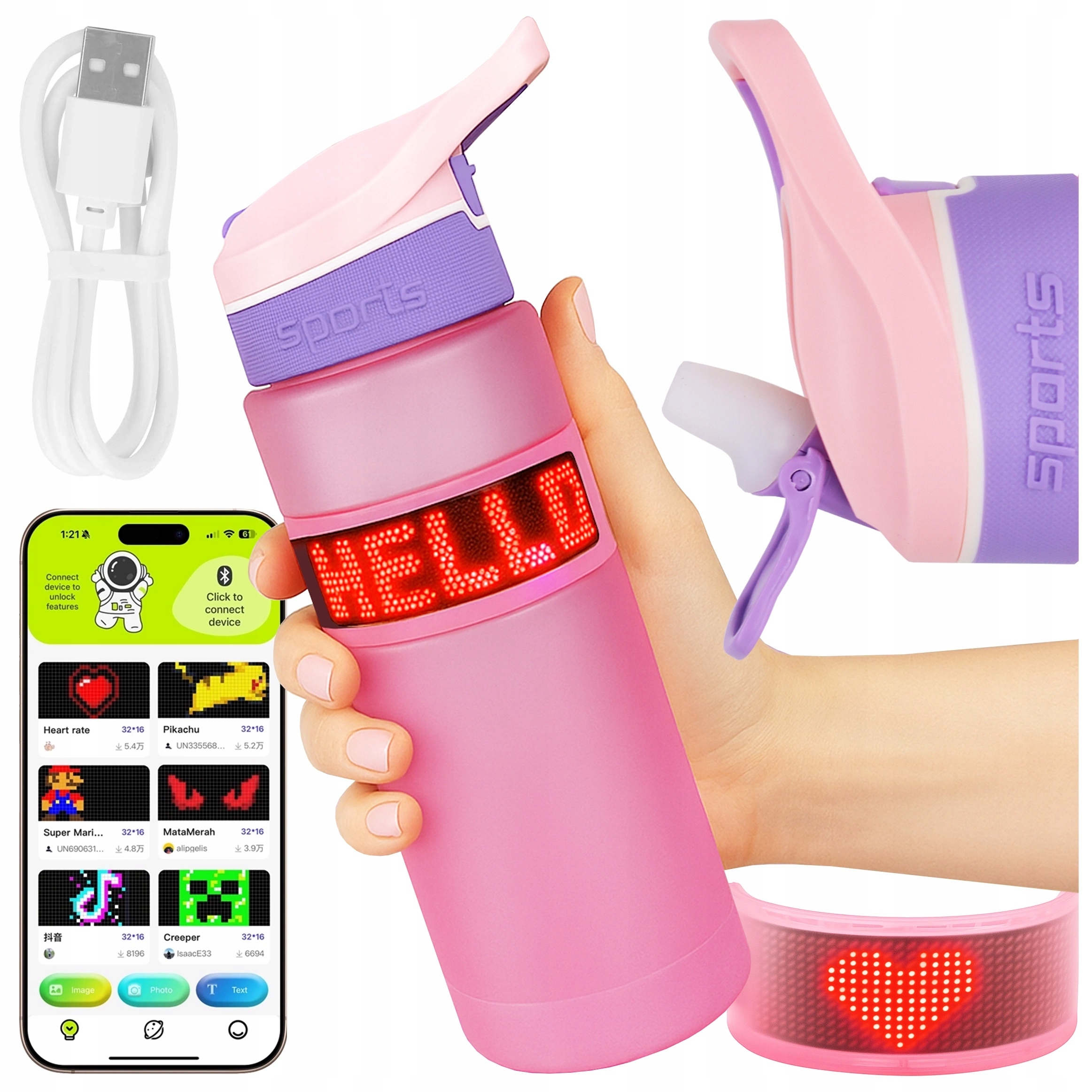 Led láhev Láhev Na Pití s Bluetooth, motivačním brčkem, 800 ml