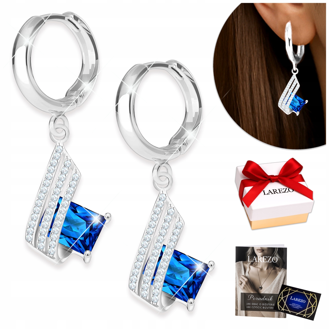 Stříbrné Náušnice Modré obdélníkové čtverce s kubickými zirkony 925 Stříbro