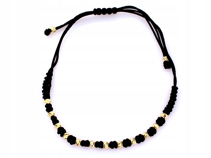 Zlatý náramek 585 kuličky na černém 0.87g provázku jako dárek 14kt