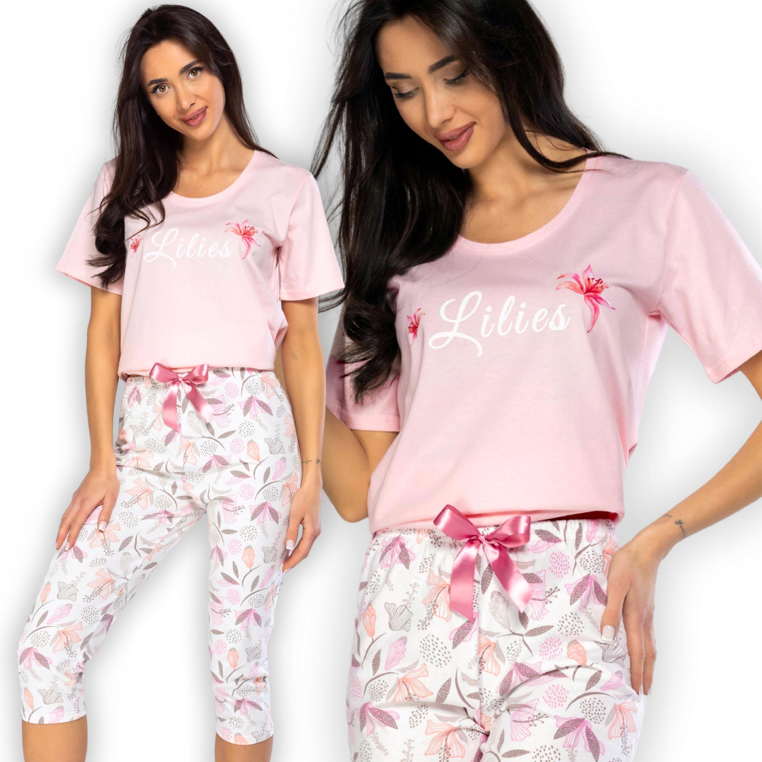 Dámské bavlněné pyžamo na léto s krátkým rukávem 3/4 kalhoty růžové květy XL
