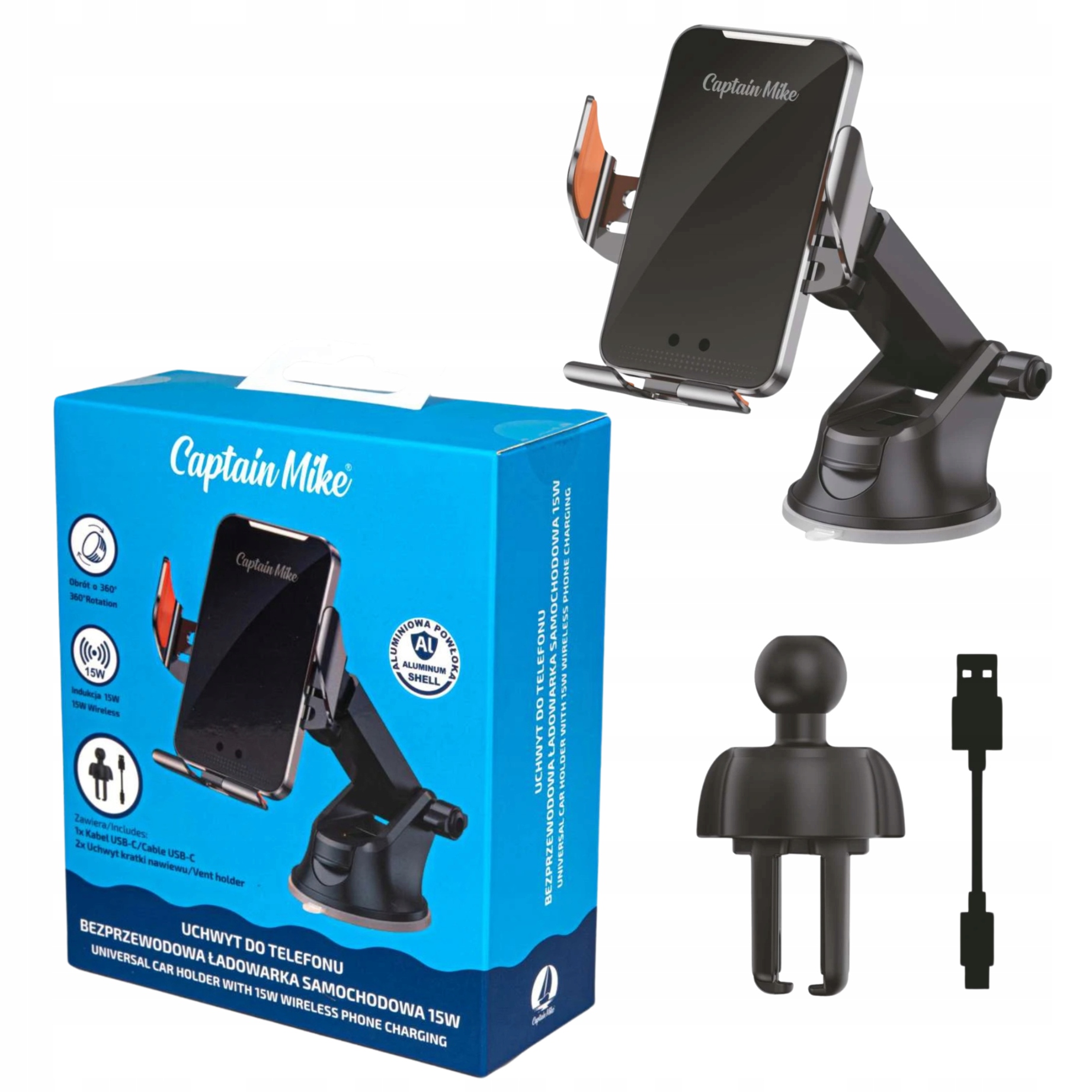 Držák telefonu s bezdrátovou nabíječkou do auta 15W Captain Mike