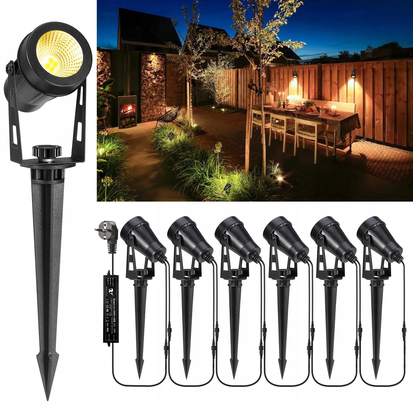 Led osvetlenie 21 m 6 záhradných lámp 12V 3W IP65 Teplá Biela Do záhrady