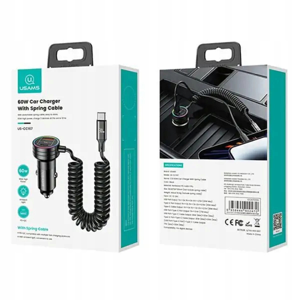 Ładowarka samochodowa USAMS 60W USB USB-C LED Długość przewodu 1 m