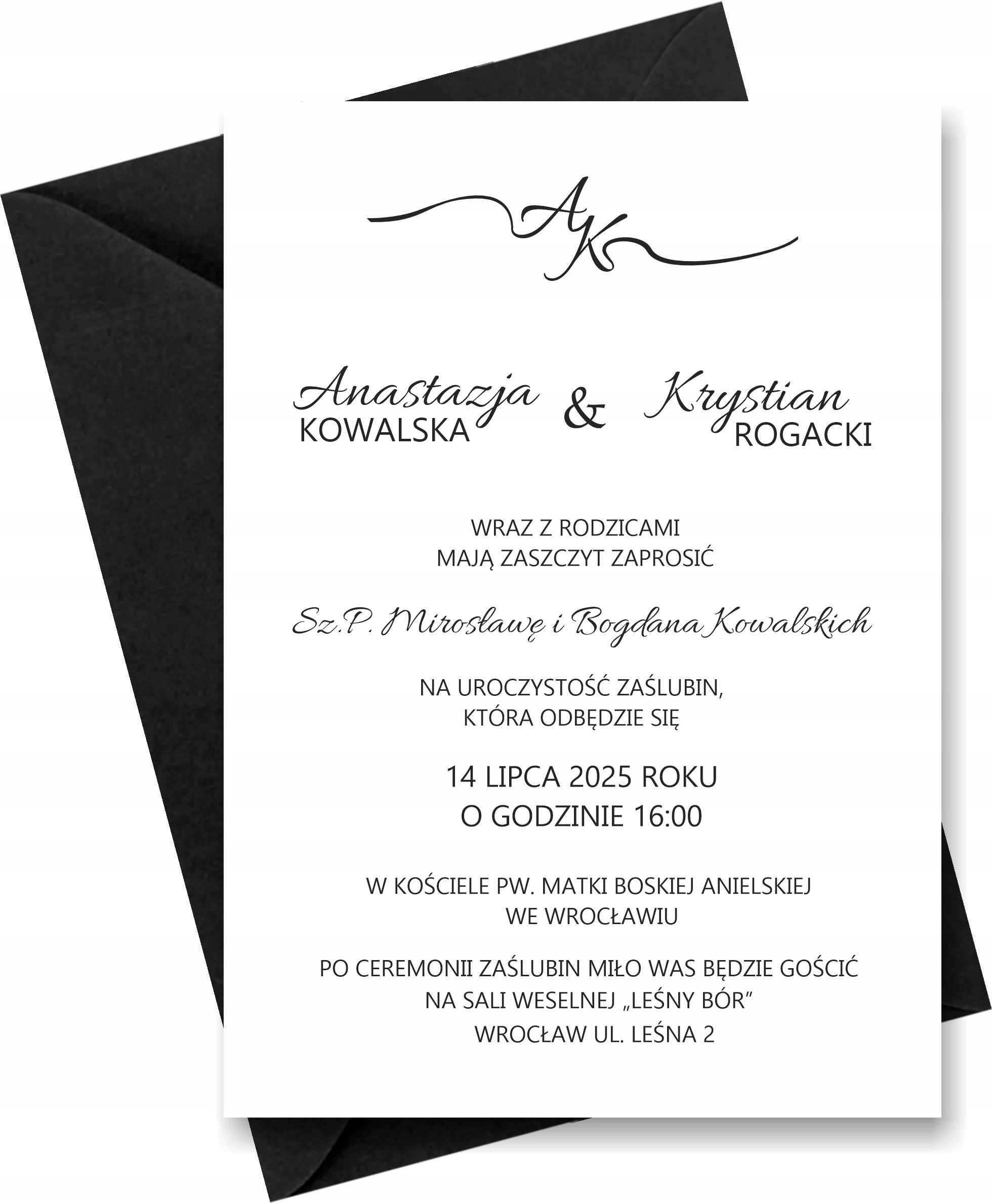 ZAPROSZENIE NA ŚLUB MINIMALISTYCZNE ELEGANCKIE CZARNA KOPERTA