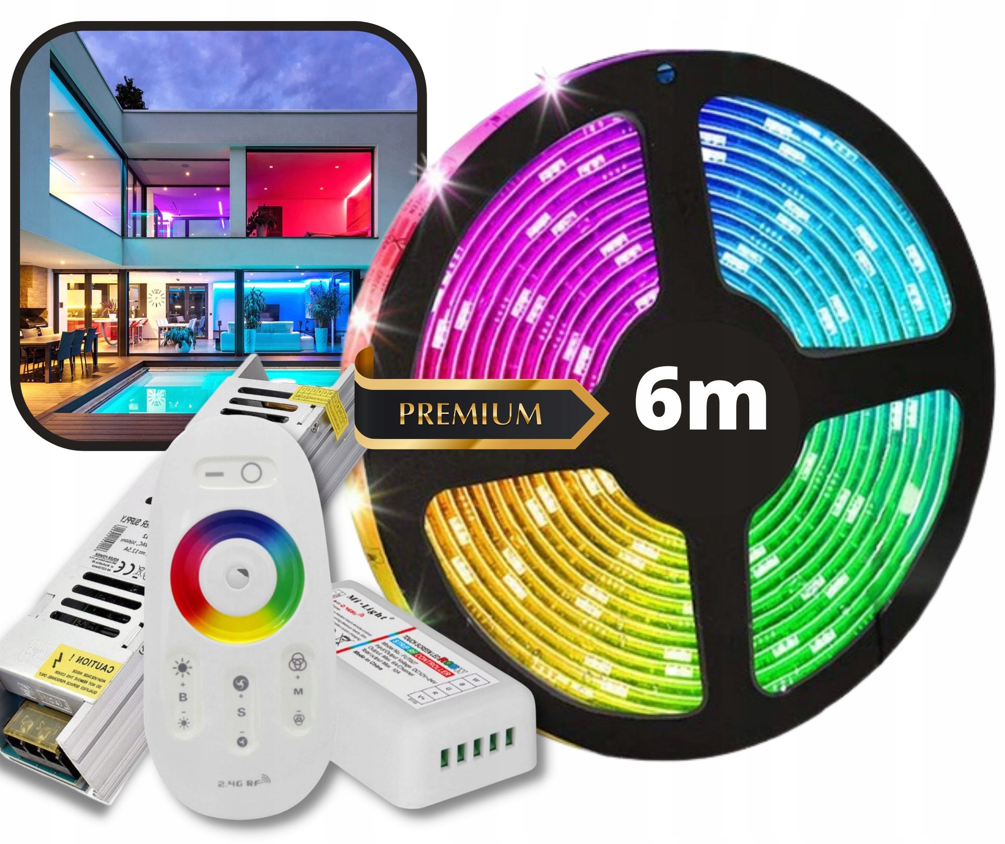 Taśma LED RGB + zasilacz + sterownik radiowy 6 mb