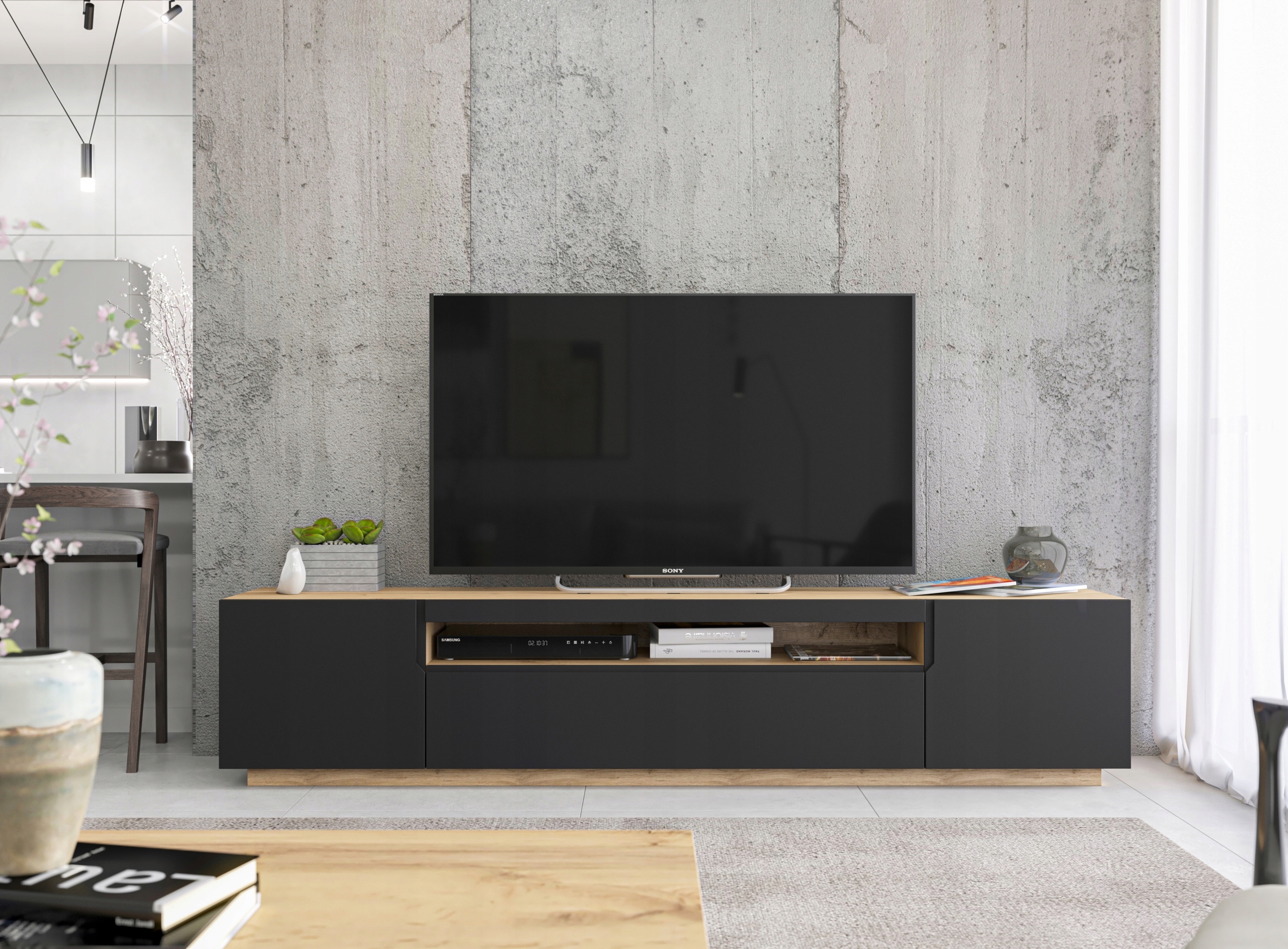 Szafka RTV Loft Industrialna dąb czarny MAT 200cm Kolekcja Doze