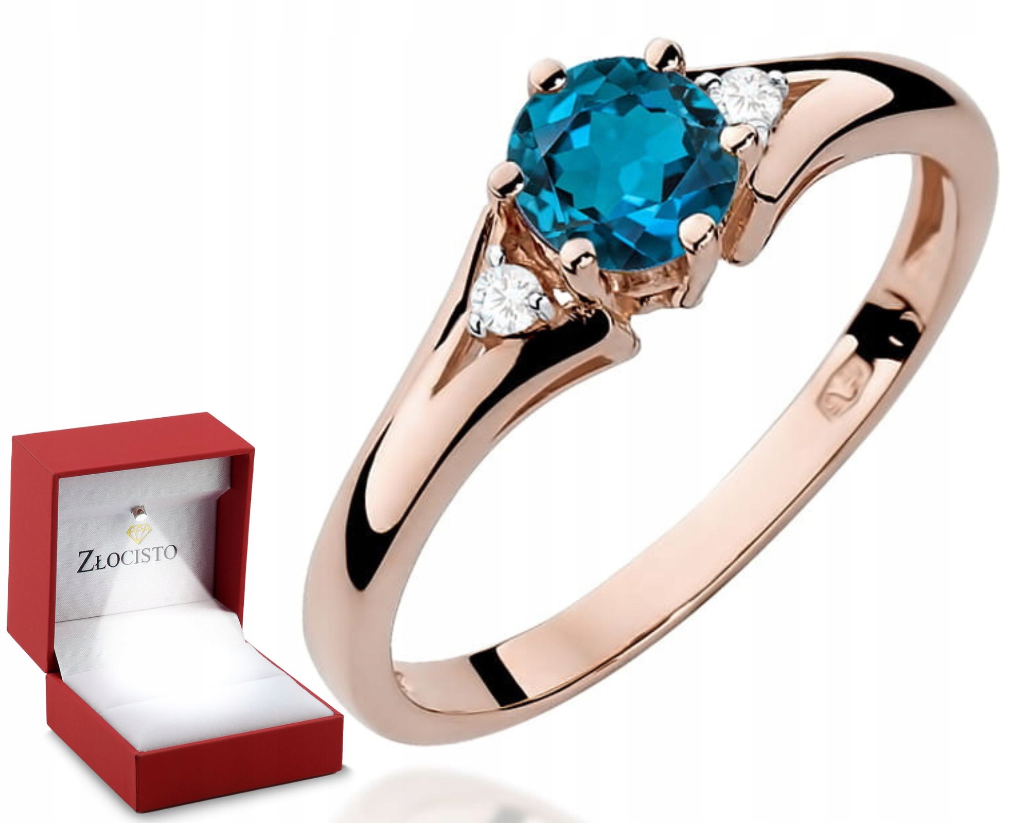 Różowe Złoto Pierścionek Topaz London Blue Brylanty 585 Grawer