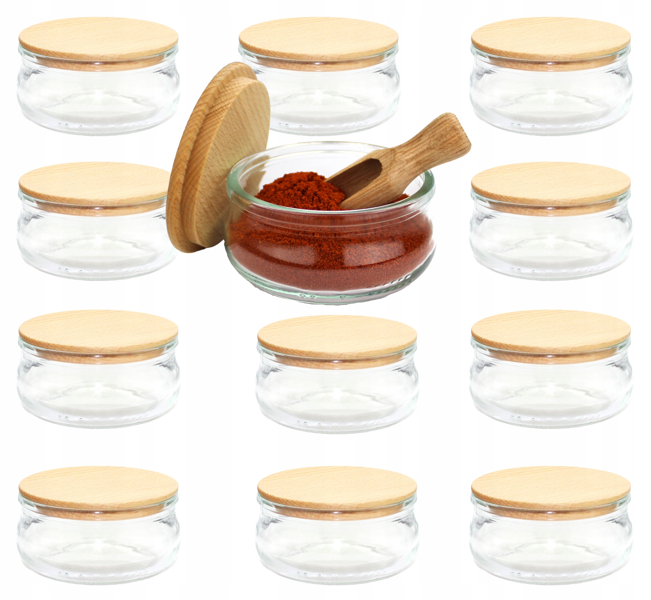 12 x Nádoby na koření elegantní sklo 210 ml dřevěné víko